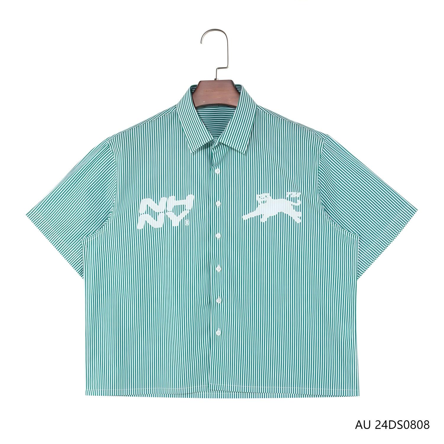 Men's 100% Cotton Stripe Printing Short Sleeve Button Down Shirts