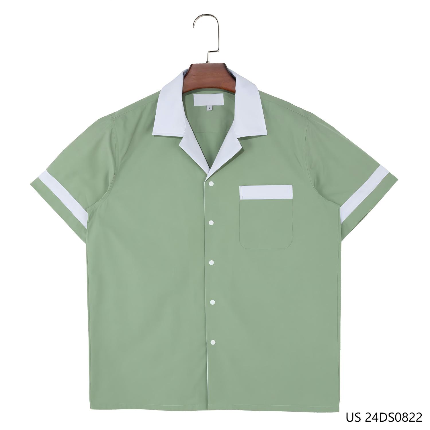 Men's 100% Cotton Green And White Contrast Embroidered  Short Sleeve Button Down Shirts 