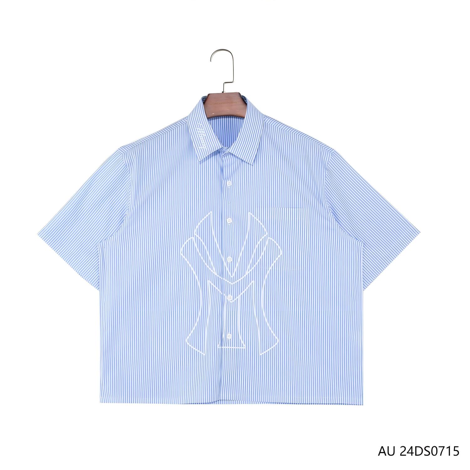 Men's 100% Cotton Printing Blue And White Stripes Short Sleeve Button Down Shirts