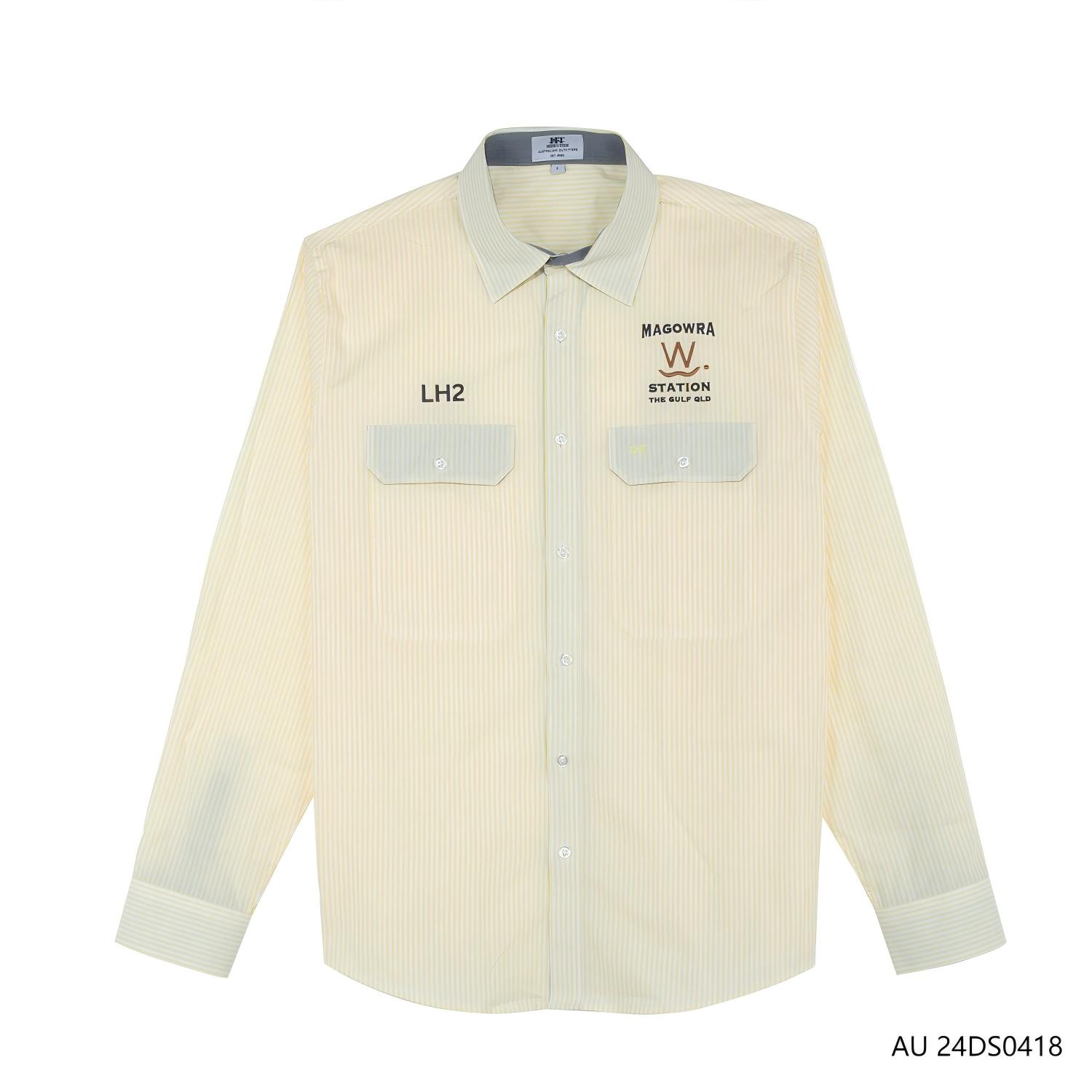 Men's 100% Cotton Embroidered Yellow And White Stripes And Gray Contrast Button Down Long Sleeve Shirts
