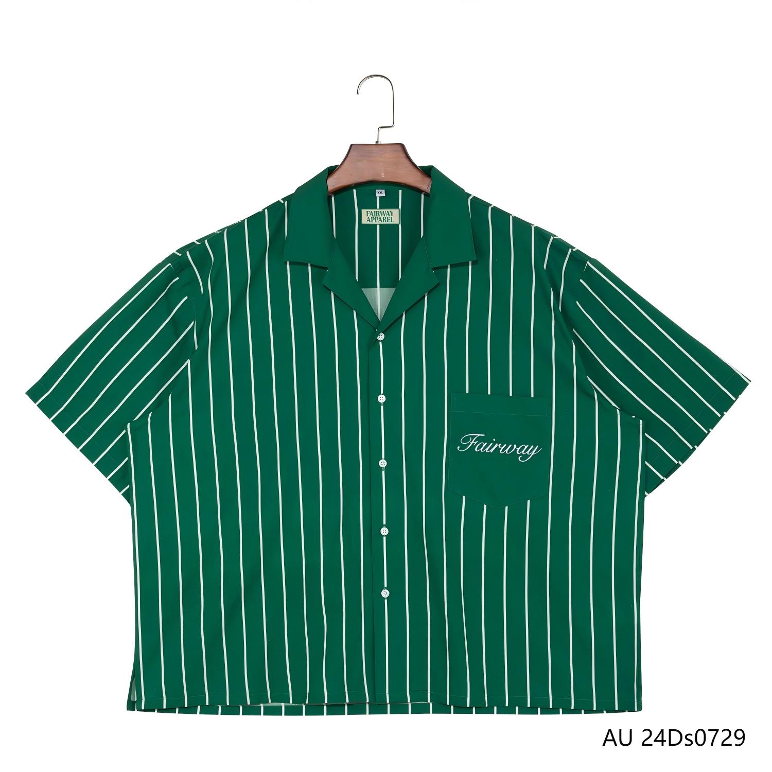 Men's Embroidered Green And White Stripes Short Sleeve Button Down Shirts