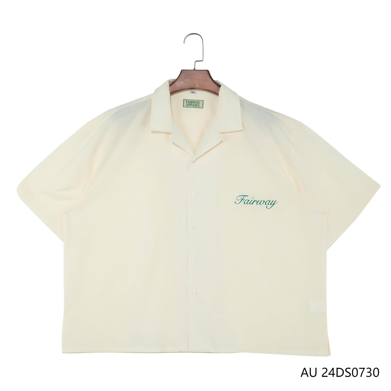 Men's Beige Plain Embroidered Short Sleeve Button Down Shirts