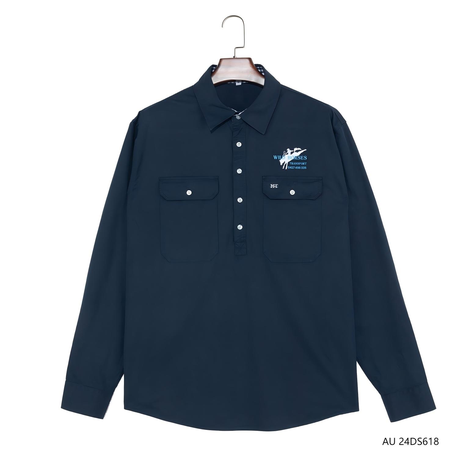 Men's 100% Cotton Embroidered Deep Blue And Plaid Contrast  Half-cut Placket Pullover Long Sleeve Shirts