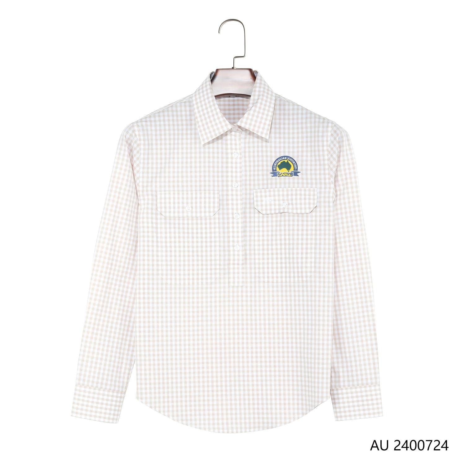 Women's 100% Cotton Embroidered Light Color Plaid Half-cut Placket Long Sleeve Shirts