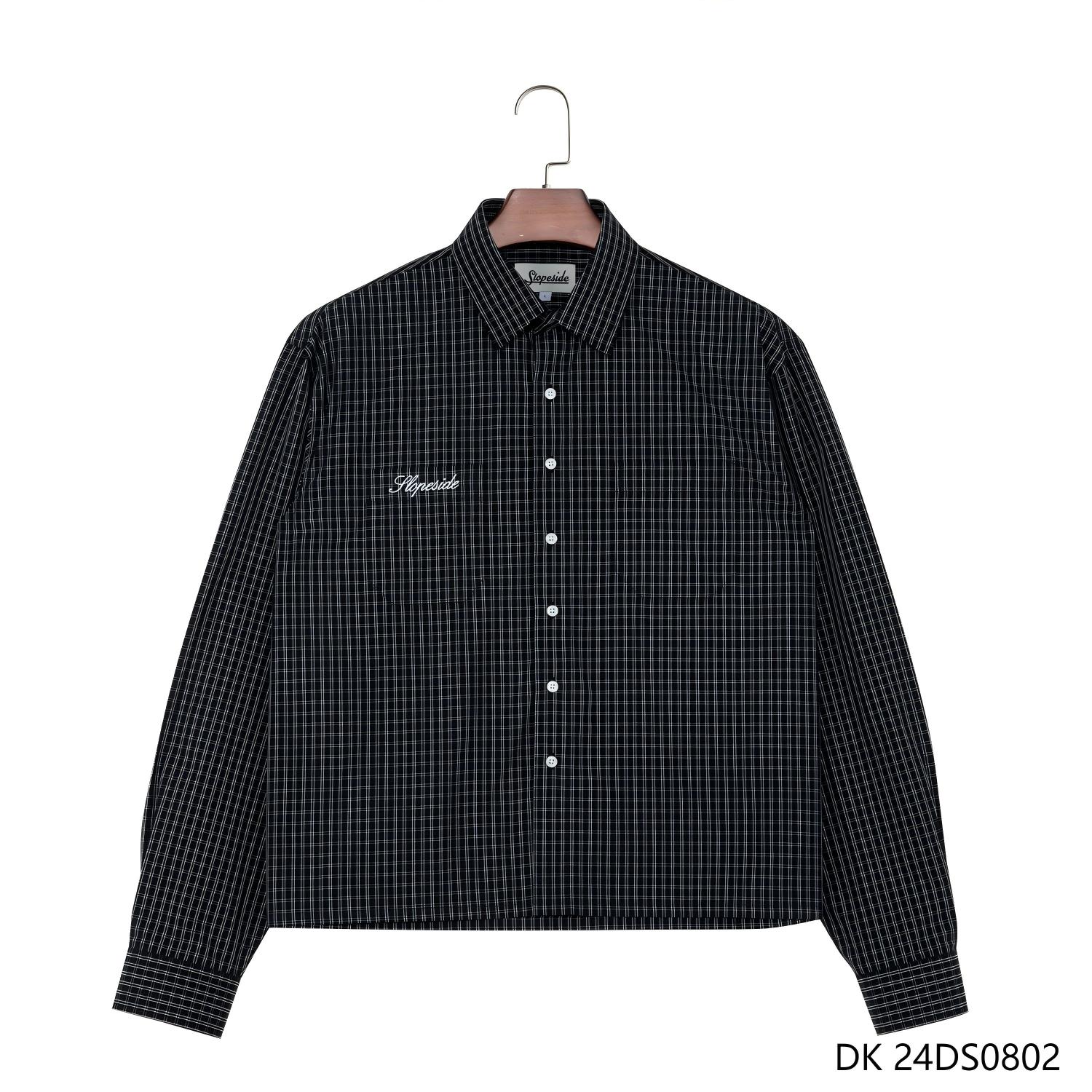 Men's 100% Cotton Embroidered Black Plaid  Button Down Long Sleeve Shirts