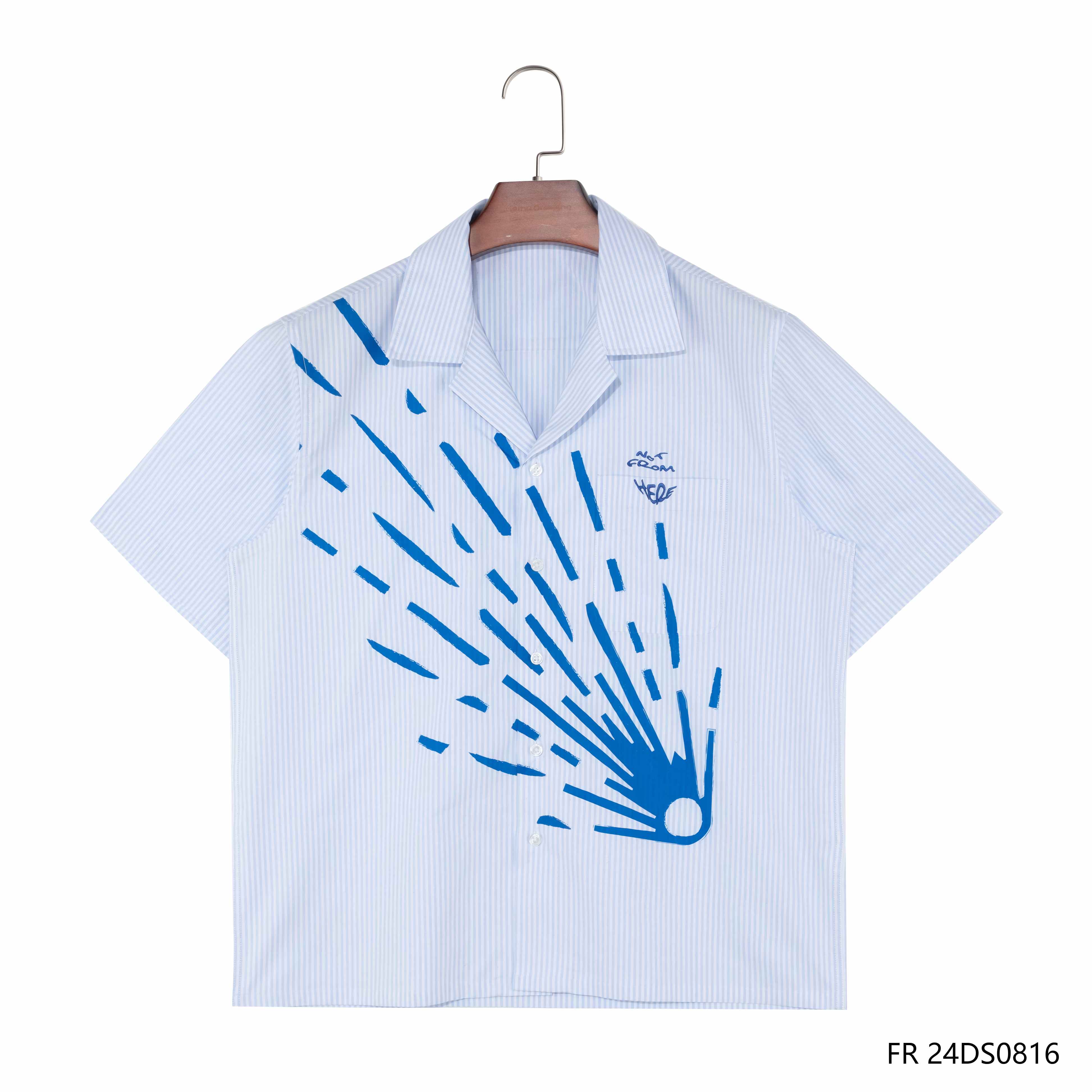 Men's 100% Cotton Artistic Style Embroidered And Printing Blue And White Stripes Short Sleeve Button Down Shirts
