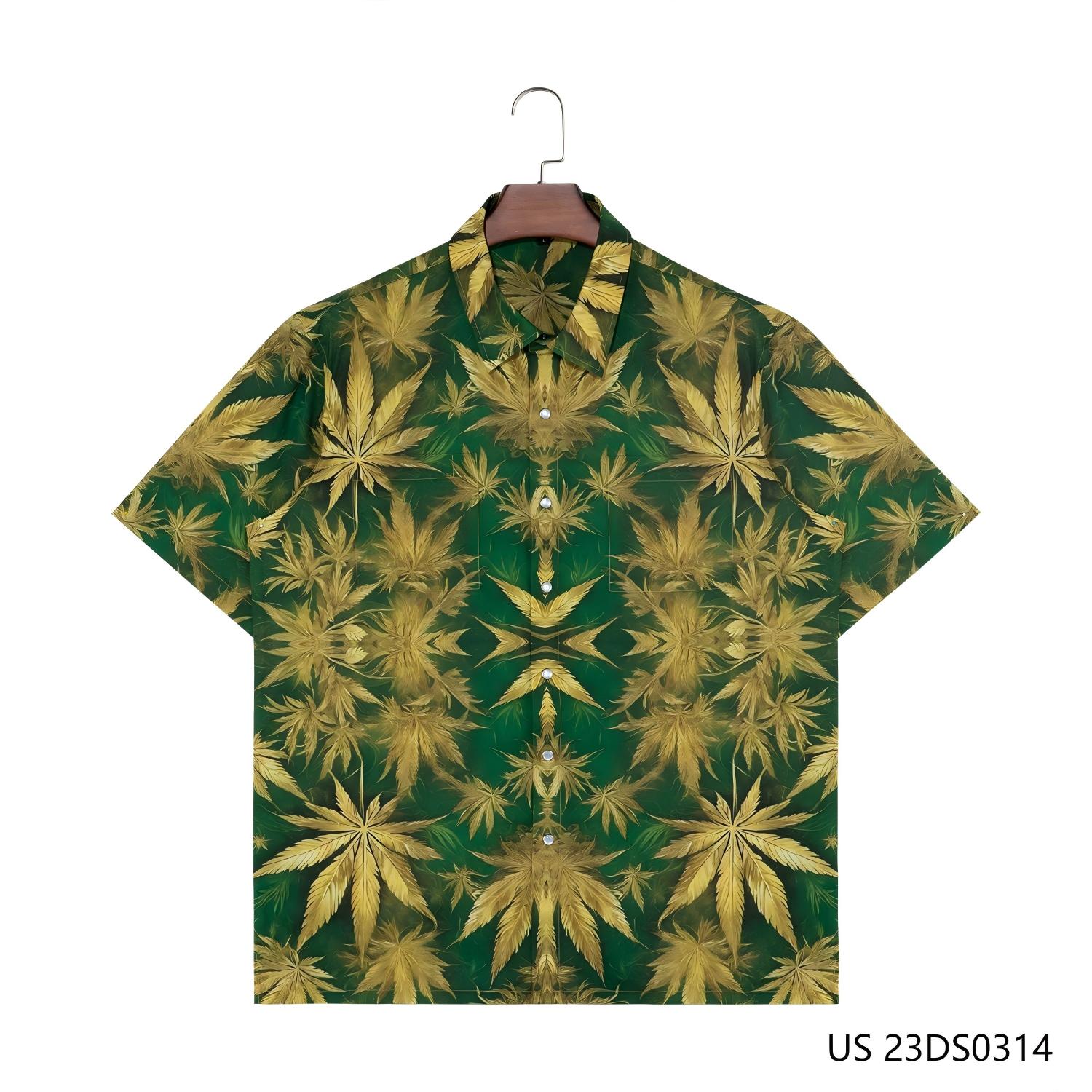 Men's 97% Polyester 3% Spandex Short Sleeve Button Down Shirts With Some Yellow Leaf Elements Against Green Background