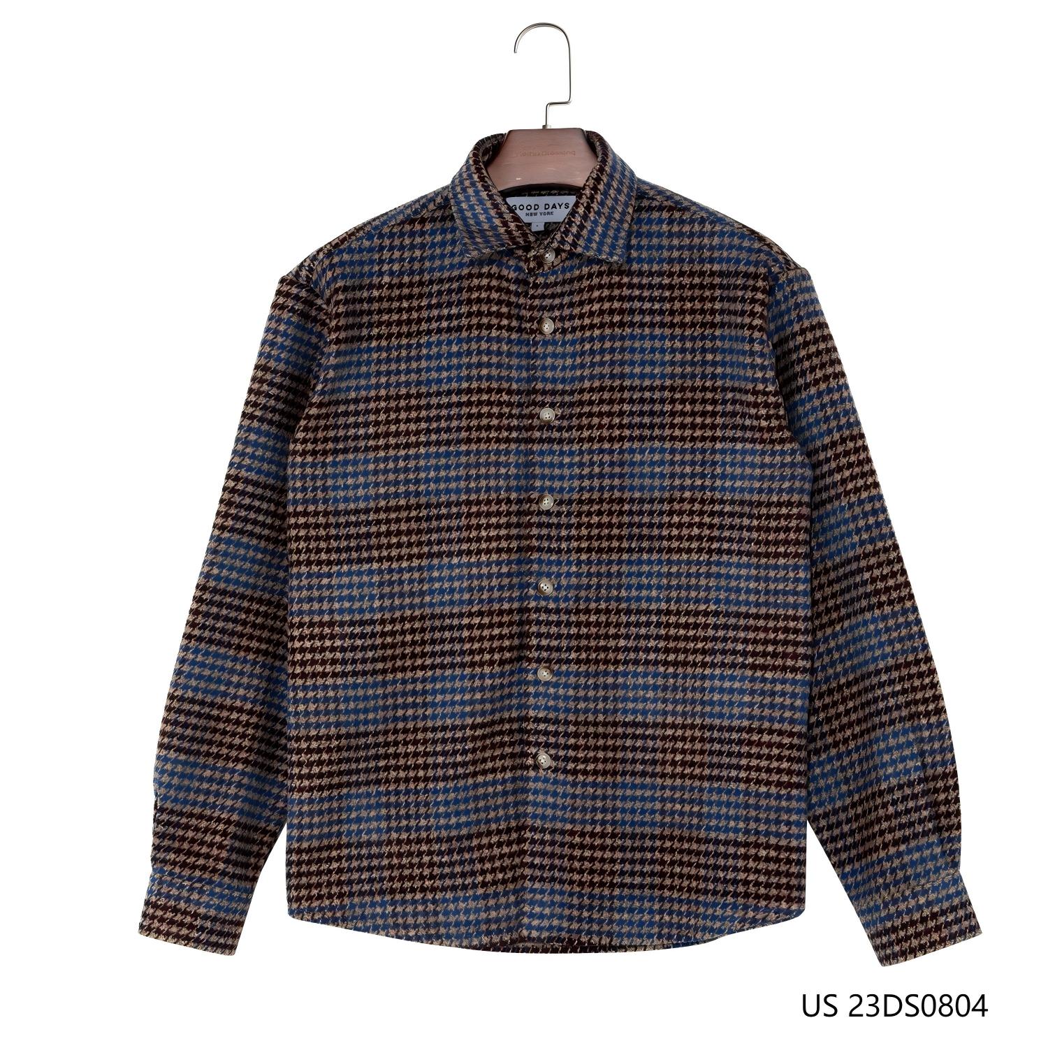 Men's 95% Polyester 5% Wool Brown And Blue Contrast Plaid Button Down Long Sleeve Shirts