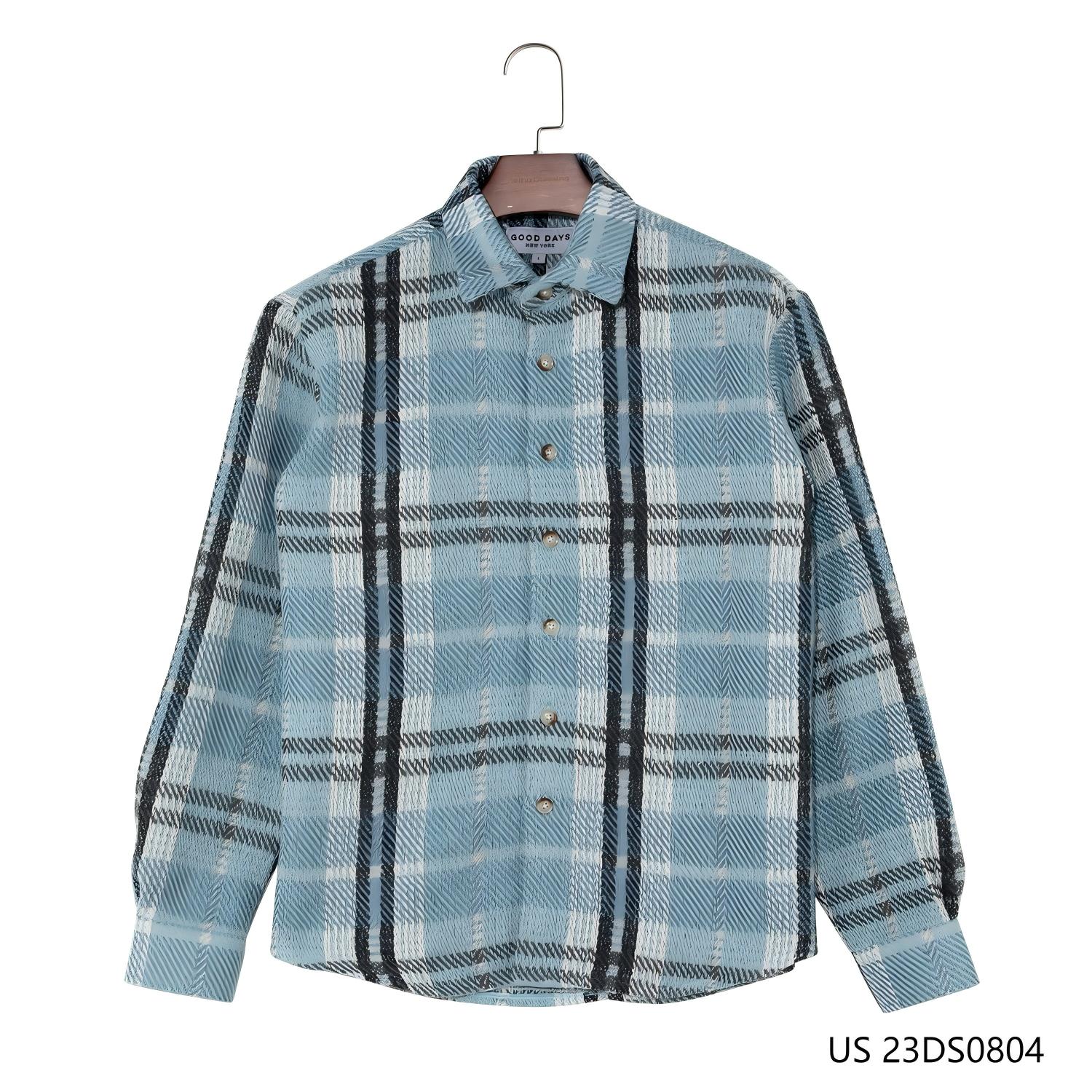 Men's 95% Polyester 5%Wool Blue And White Contrast Plaid  Button Down Long Sleeve Shirts