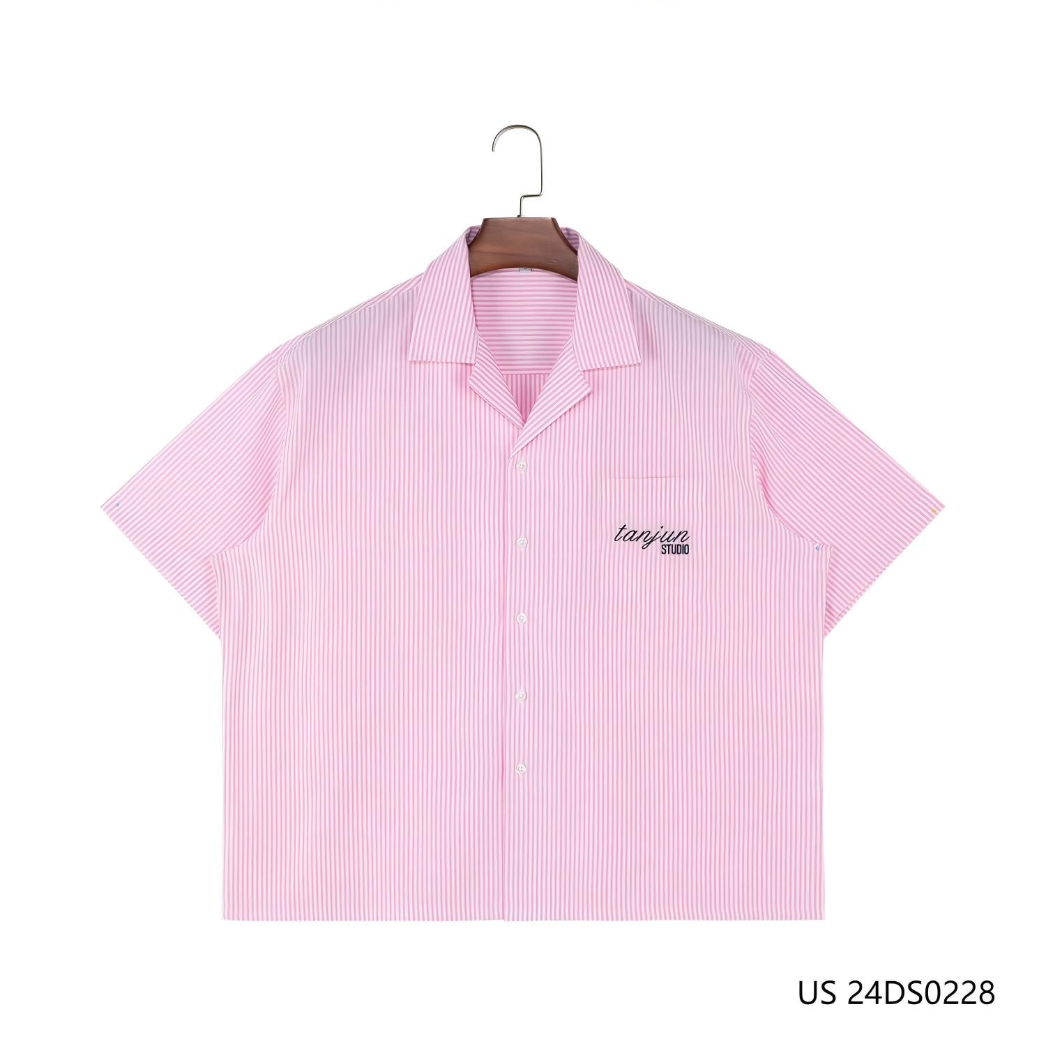 Men's 60% Cotton 40%Polyester Embroidered Pink And White  Stripes Short Sleeve Button Down Shirts
