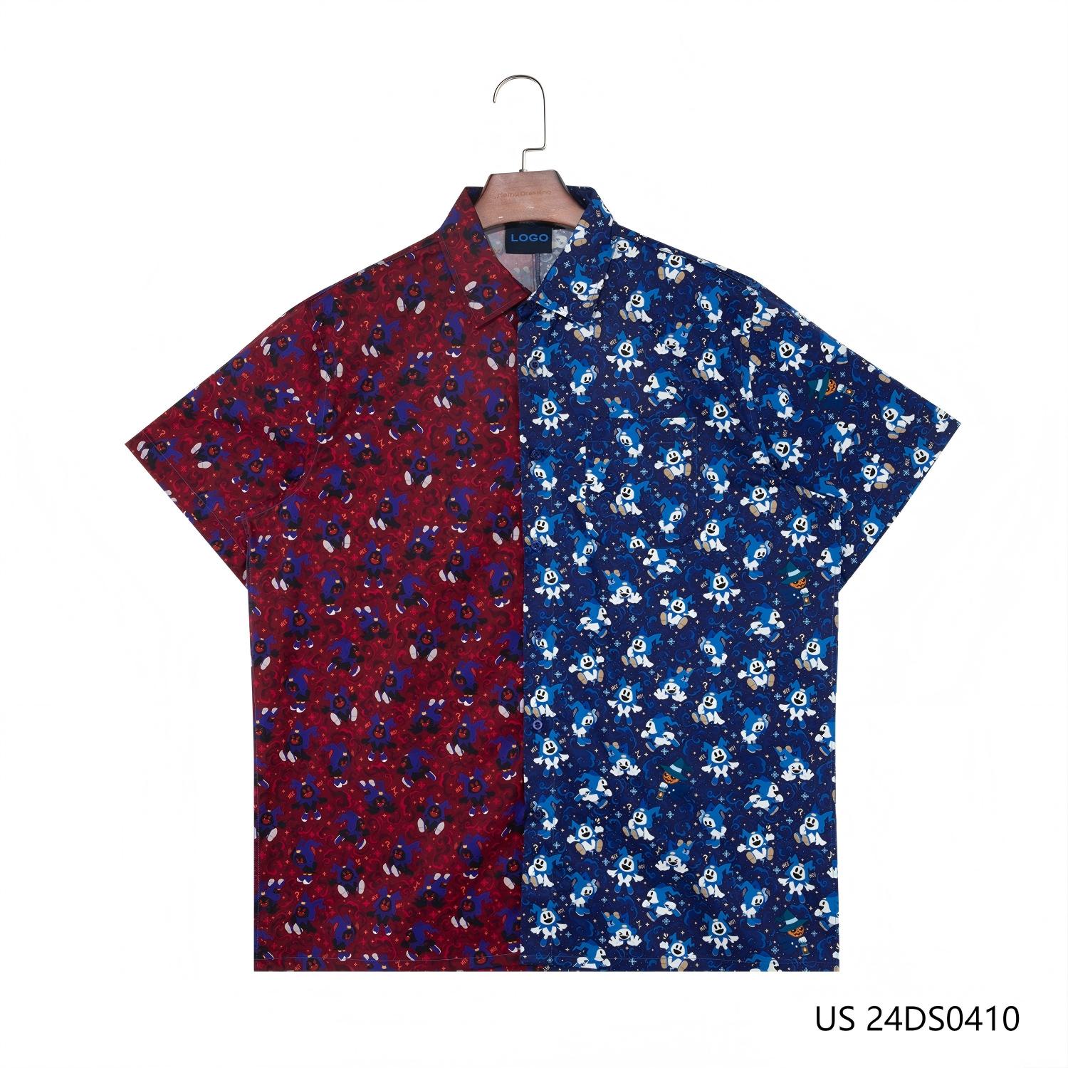 Men's 100% Cotton Blue And Red Contrast Color Short Sleeve Button Down Shirts