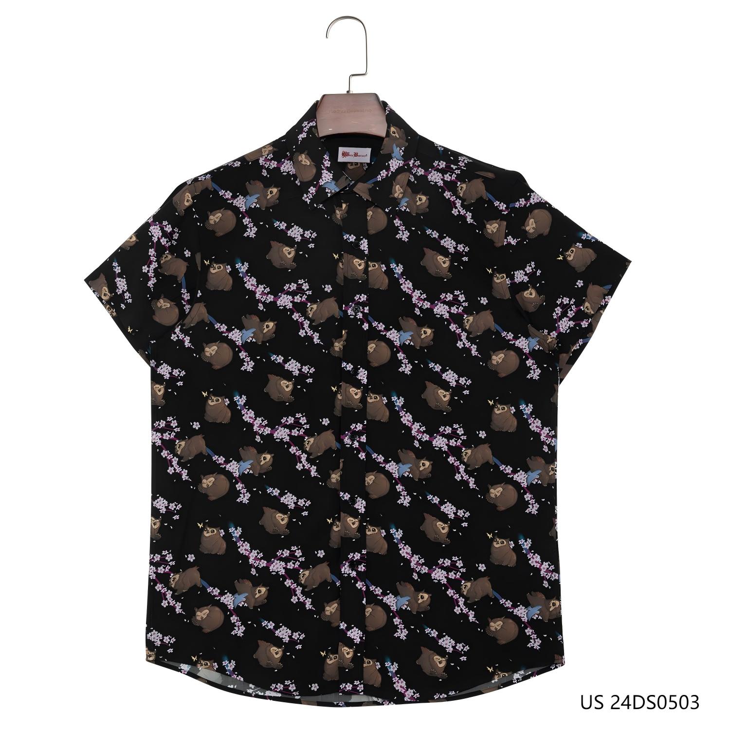 Men's 100% Rayon Black Short Sleeve Button Down Shirts With Cartoon Animals And Pink Flowers