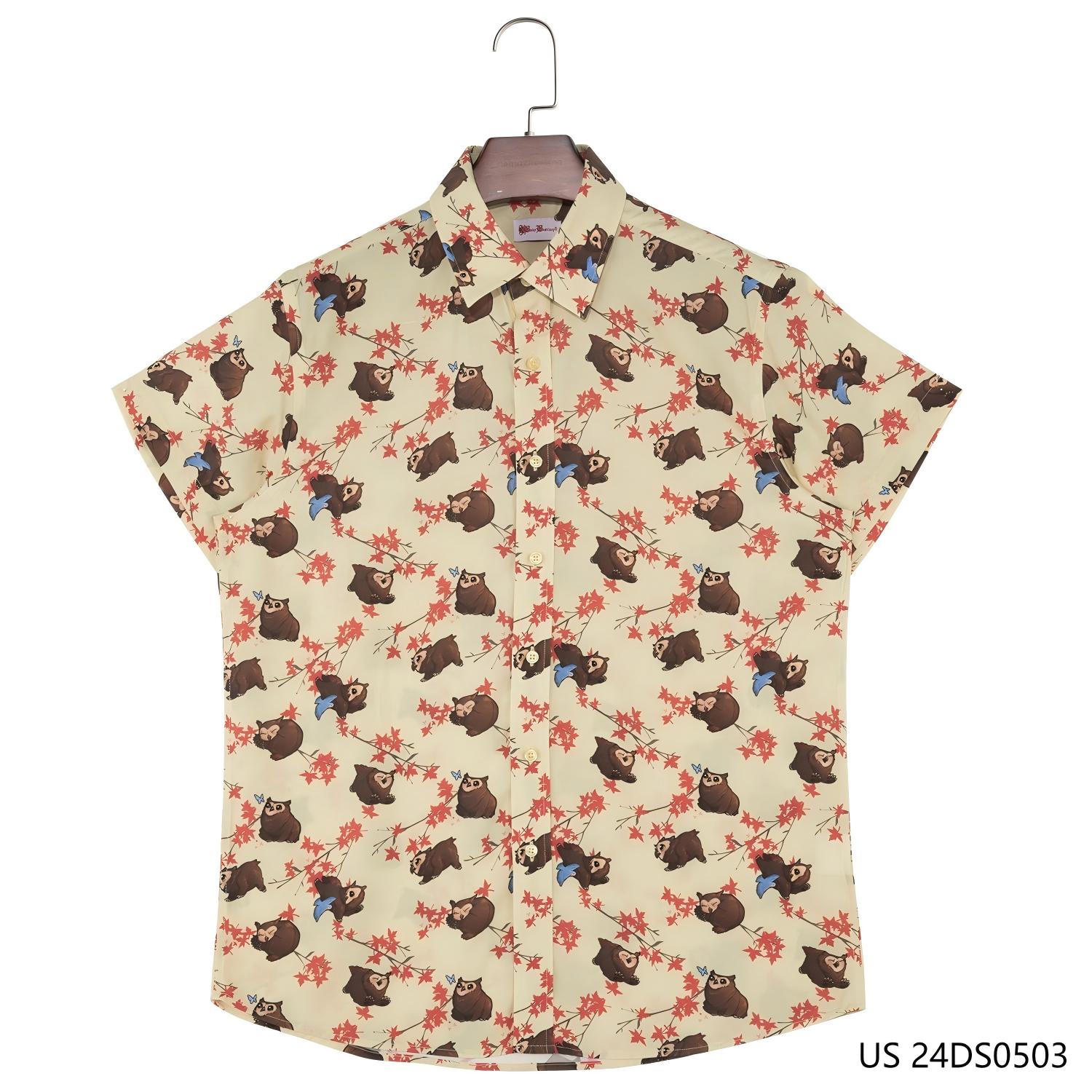 Men's 100% Rayon Yellow Short Sleeve Button Down Shirts With Cartoon Animals And Maple Leaves
