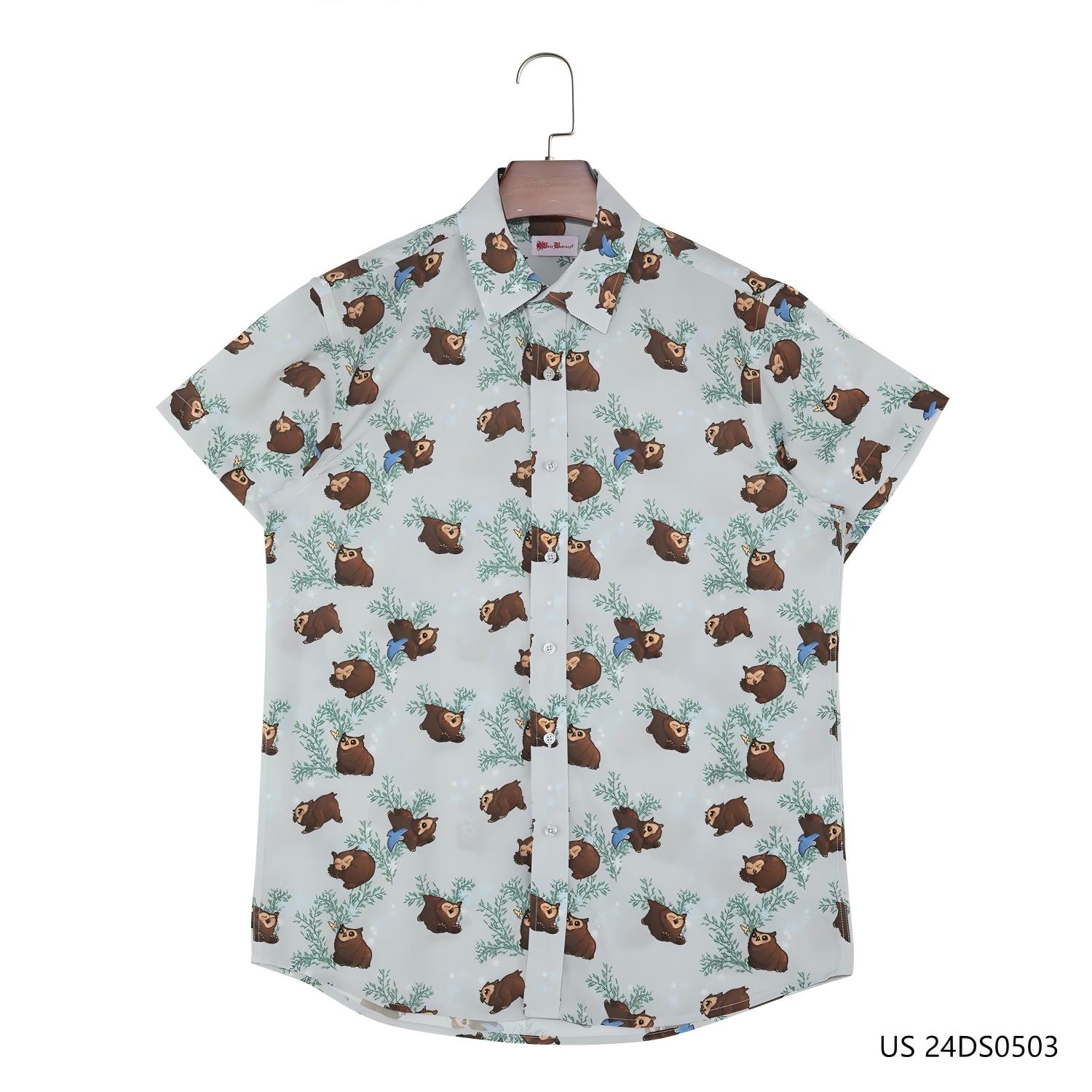 Men's 100% Rayon Gray  Short Sleeve Button Down Shirts With Cartoon Animals  And Green Leaves