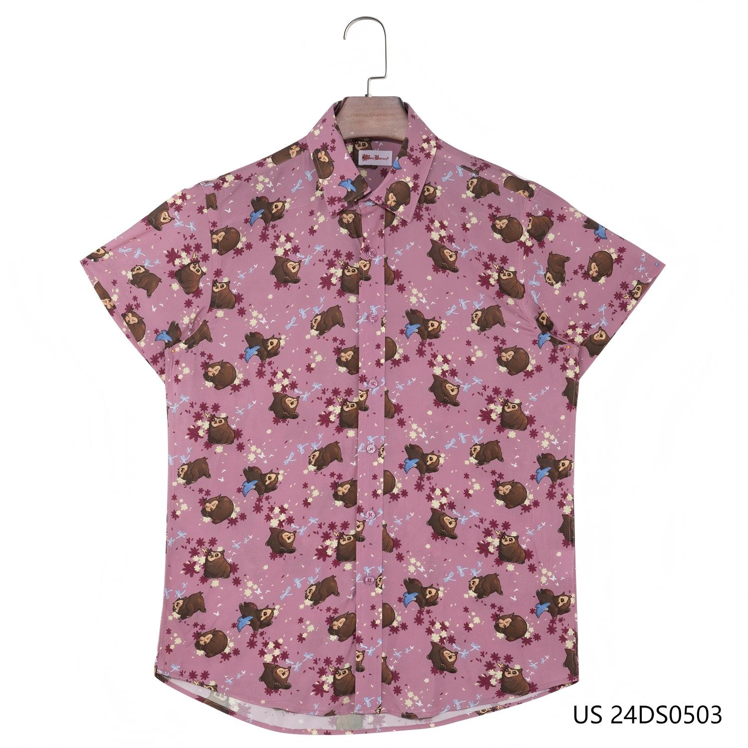 Men's 100% Rayon Pink Short Sleeve Button Down Shirts With Cartoon Animals And Flowers