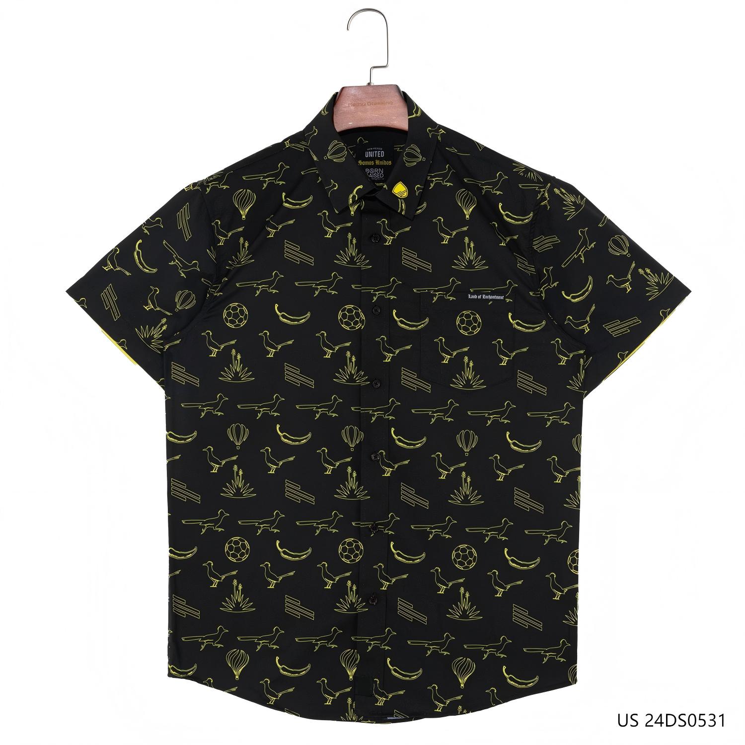 Men's  Black Short Sleeve Button Down Shirts With Some Yellow Elements