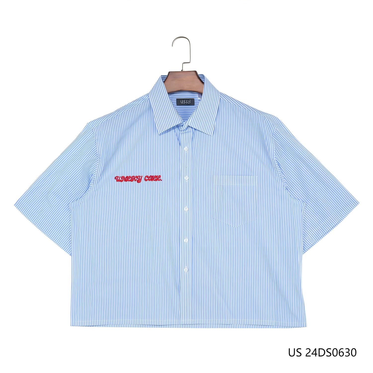 Men's Embroidered Blue And White Stripes Short Sleeve Button Down  Shirts