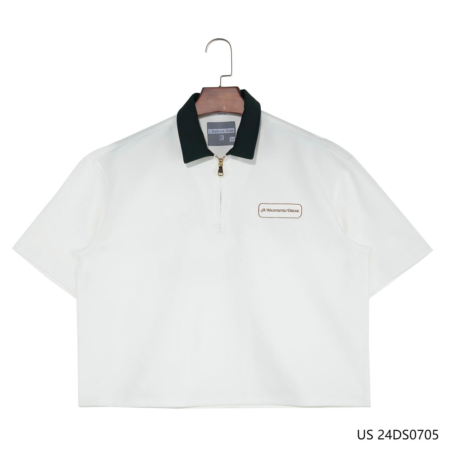 Men's 100%  Cotton Printing  White Short Sleeve  Half-cut Zipper Pullover Shirts With Dark Green Collar