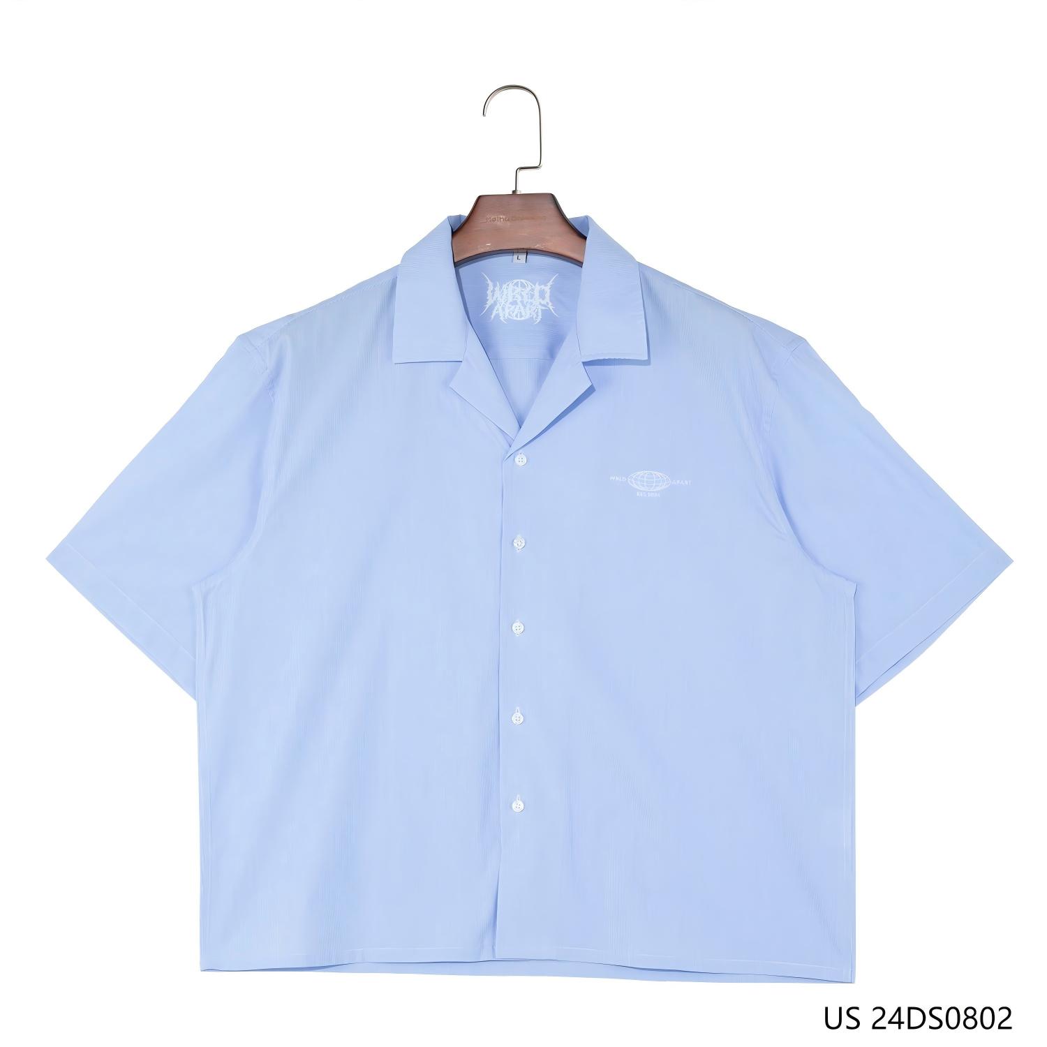 Men's 100% Cotton Blue And White Stripes Short Sleeve Button Down Shirts With The White Printing On The Back