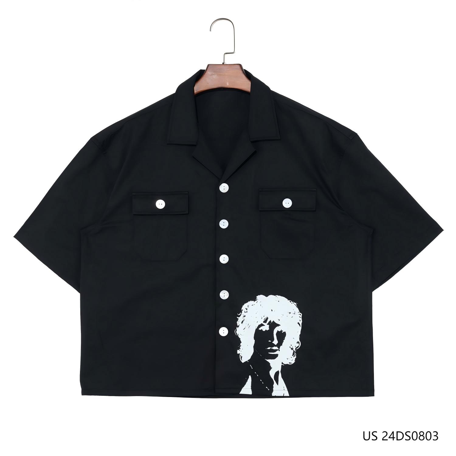 Men's 100% Cotton White Printing  Short Sleeve Button Down  Shirts With White Buttons