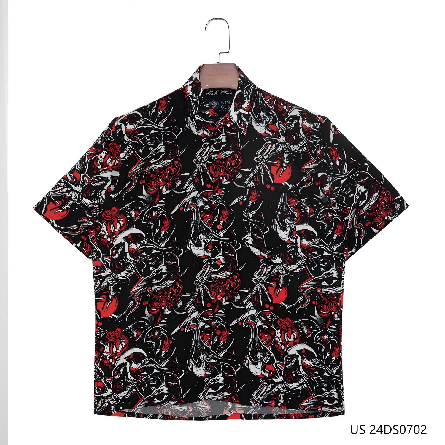 Men's 100% Rayon  Black And Red  Contrast Color  Short Sleeve Button Down Shirts