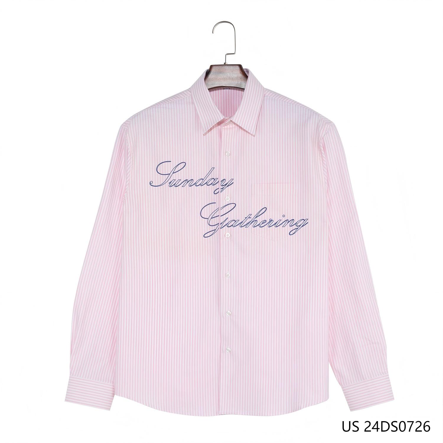Men's 100% Cotton  Printing Pink And White Stripes Button Down Long Sleeve Shirts
