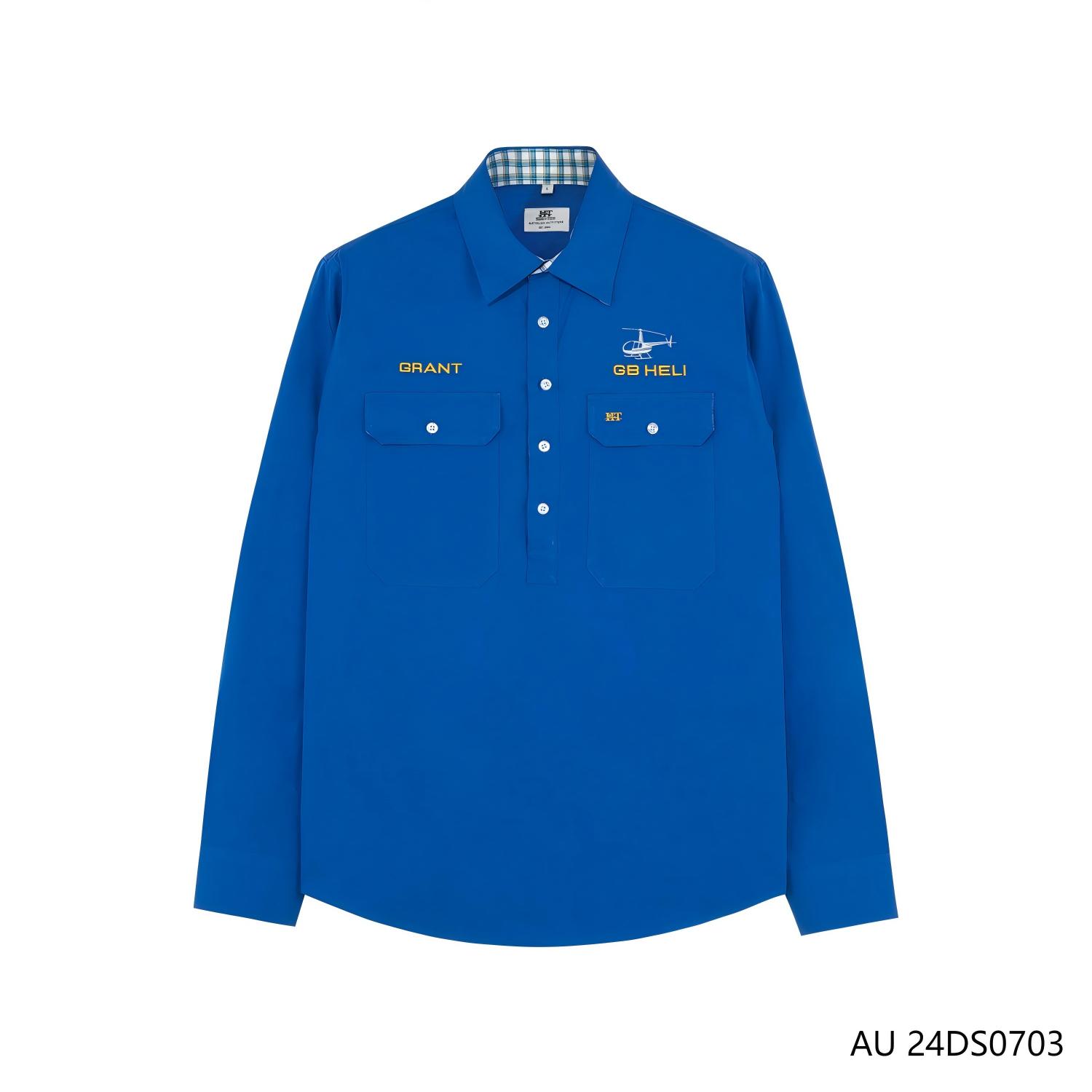 Men's 100% Cotton Embroidered Bright Blue Plain Half-cut Placket Long Sleeve Pullover Shirts