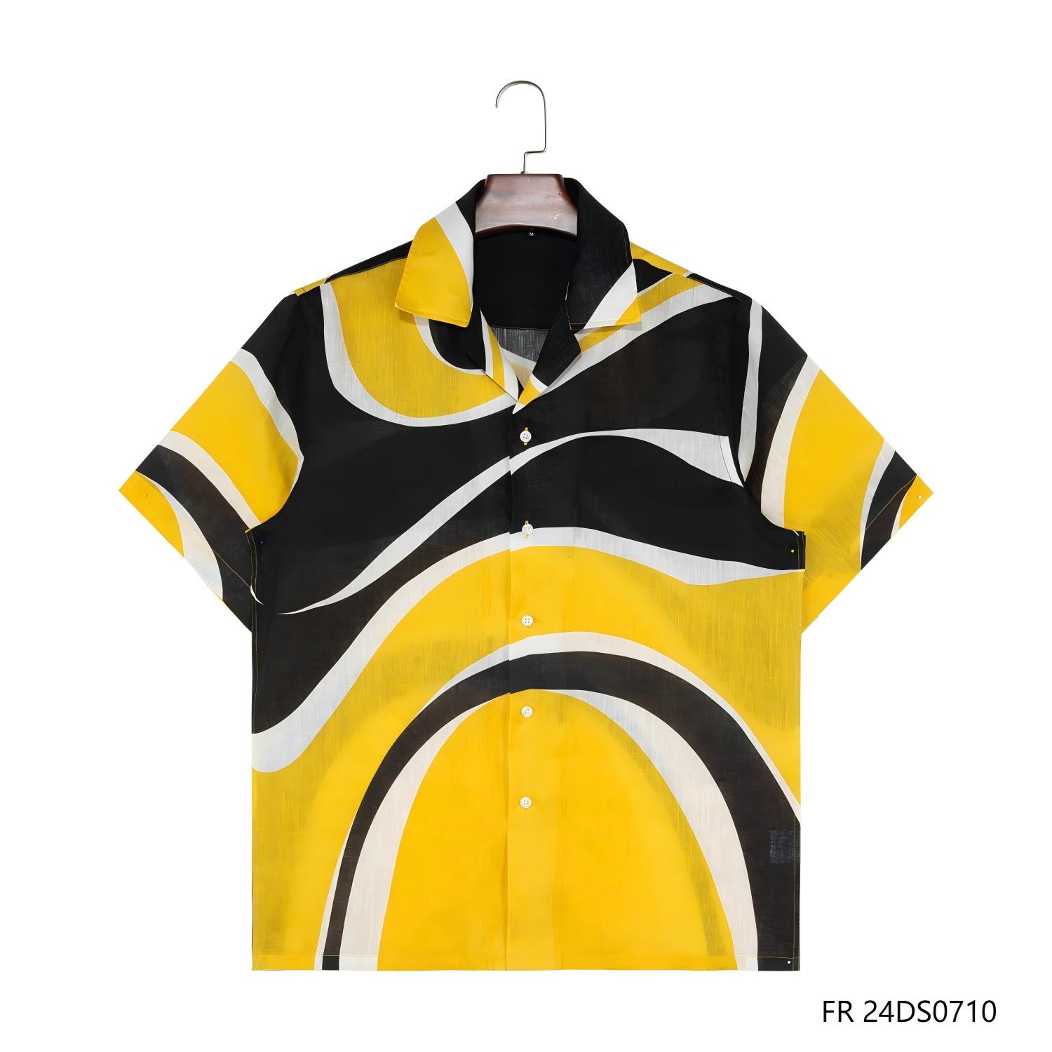 Men's 100% Linen Yellow White And Black Contrast Short Sleeve Button Down Shirts