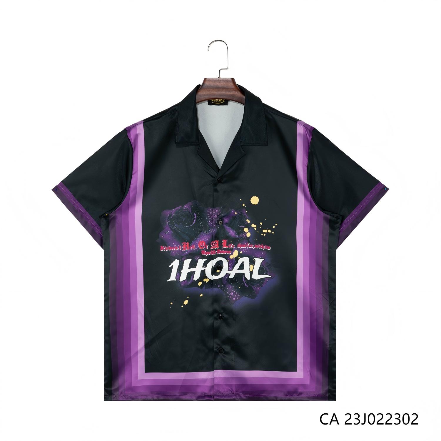 Men's 100% Polyester Sports Style Printing Black And Purple Contrast Color  Short Sleeve Button Down Shirts