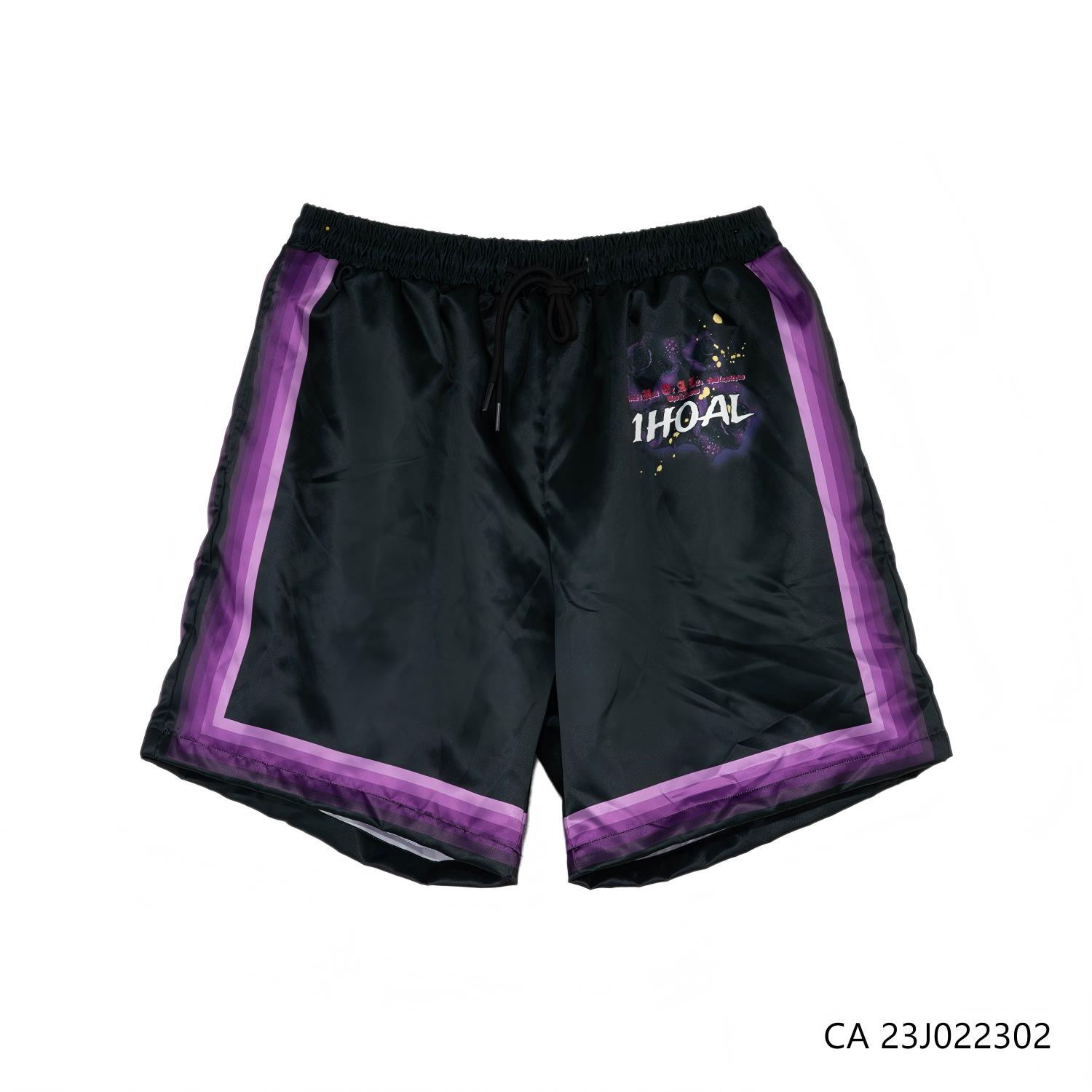 Men's 100% Polyester Sports Style Printing Black And Purple Contrast Color Short Sleeve Button Down Shorts