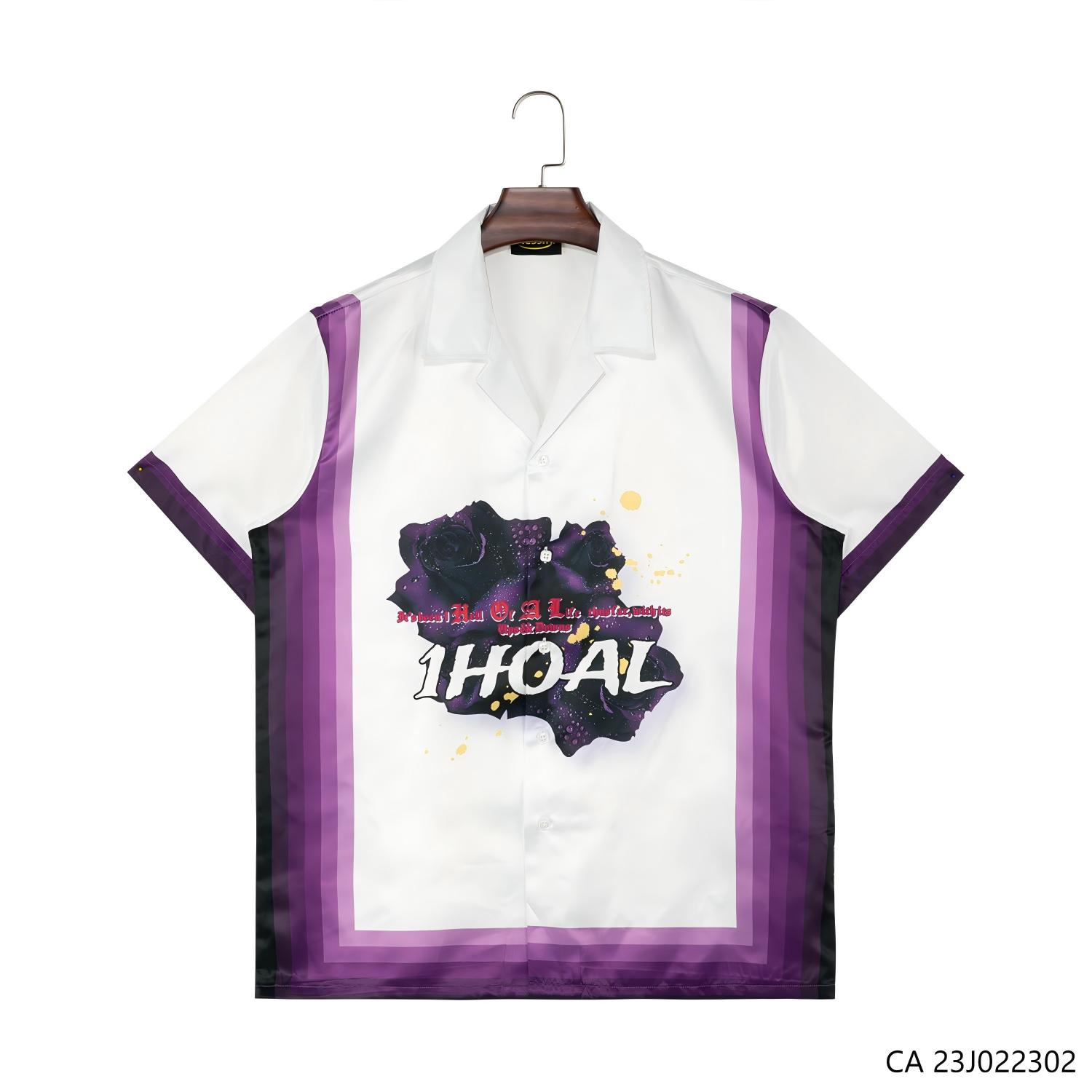 Men's 100% Polyester Sports Styles Printing White And Purple Contrast Color Short Sleeve Button Down Shirts