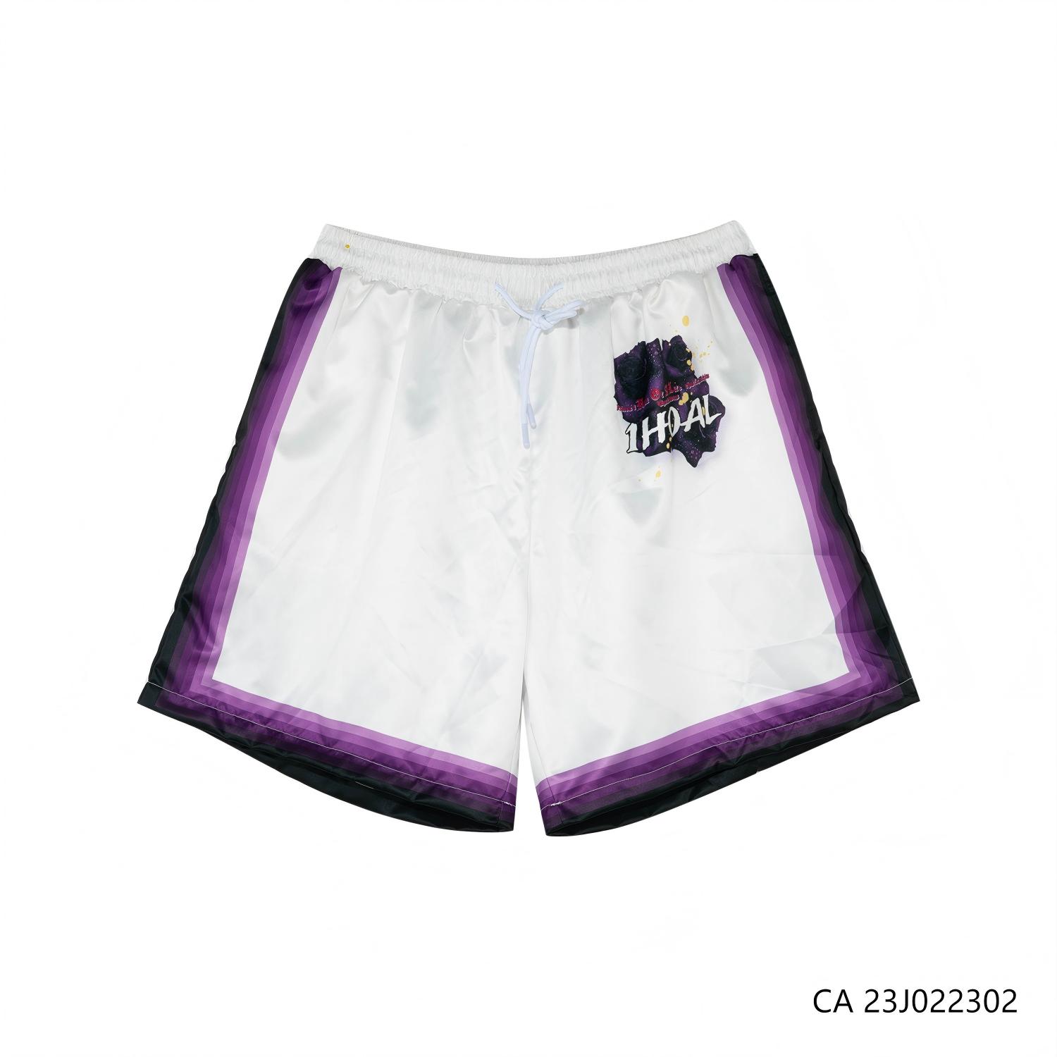 Men's 100% Polyester Sports Style Printing White And Purple Contrast Color Short Sleeve Button Down Shorts