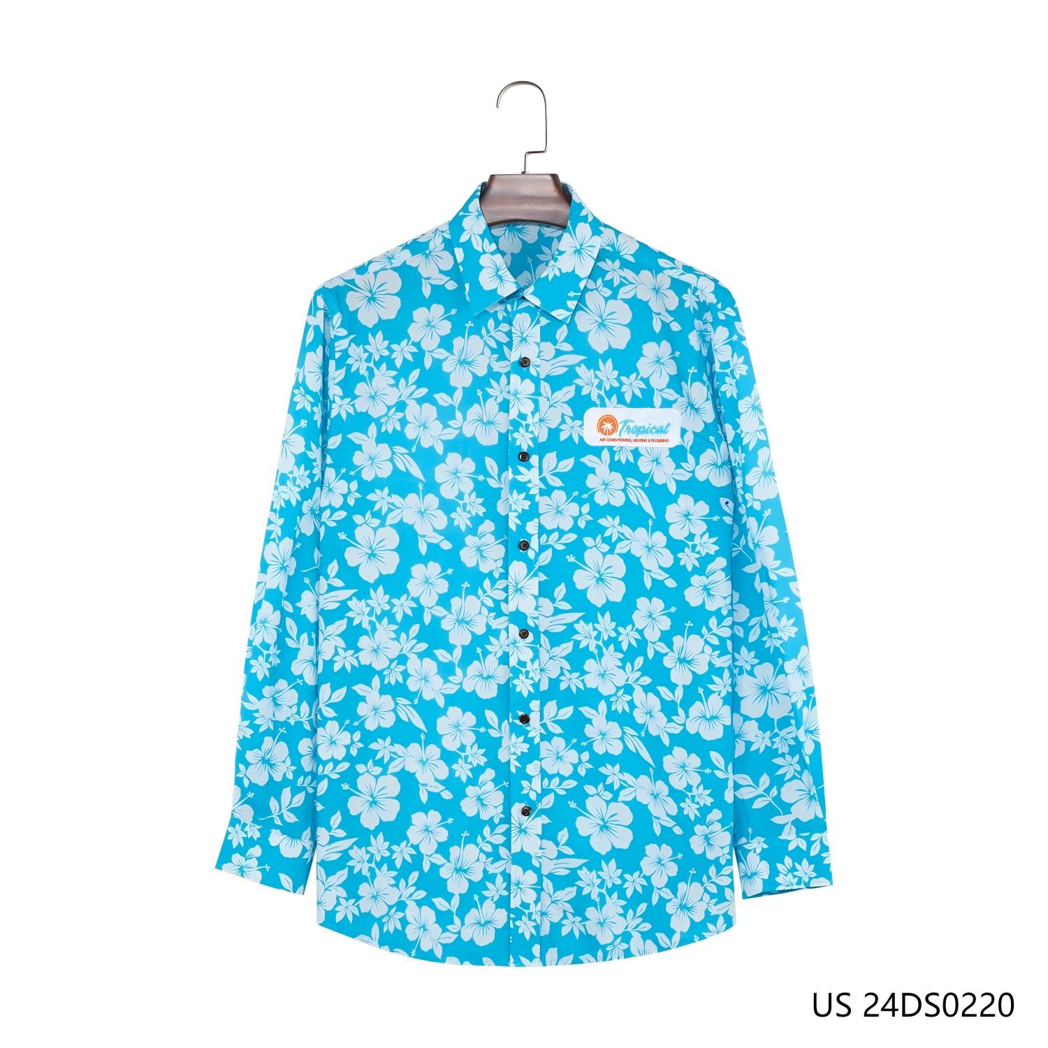Men's 70% Rayon 30%Tencel White Flowers Against The Blue Background Button Down Long Sleeve Shirts