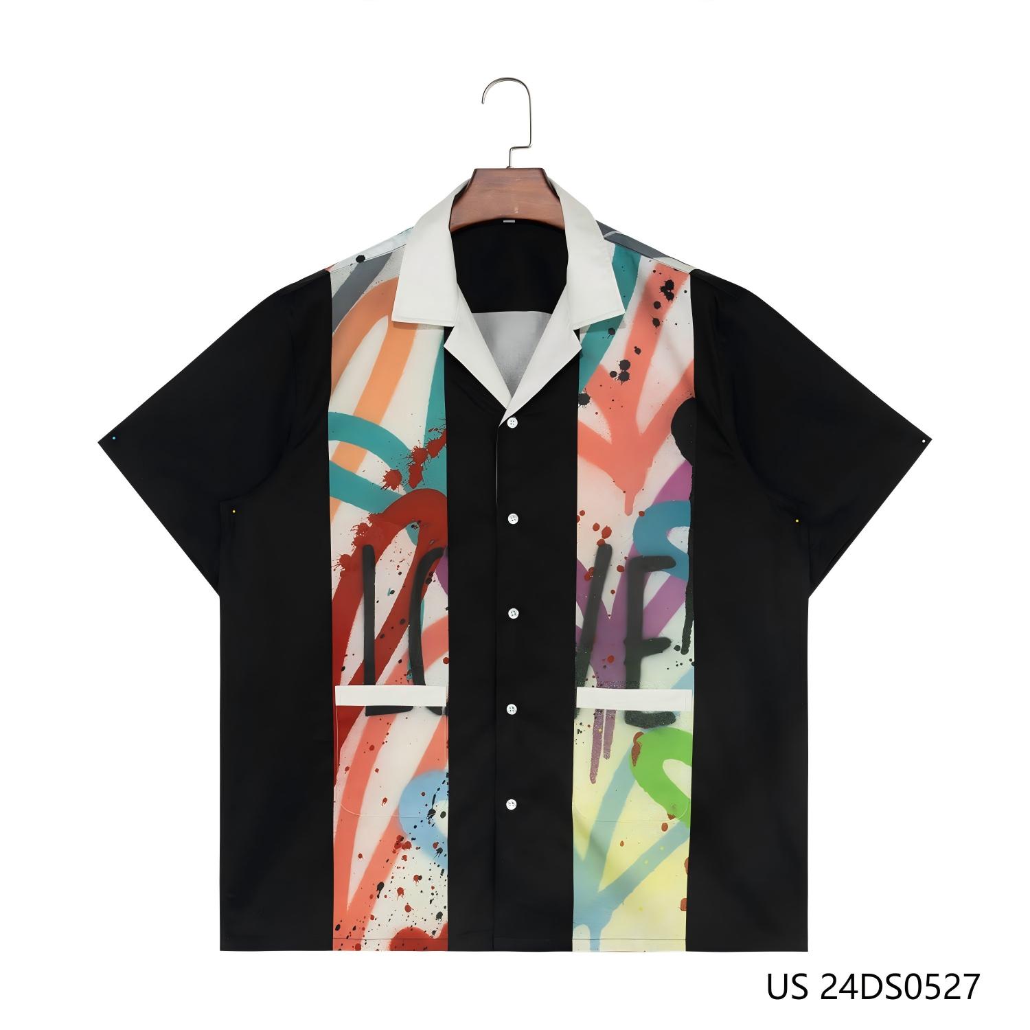 Men's 100% Cotton Colorful Wide Stripes Against The Black Background Short Sleeve Button Down Shirts