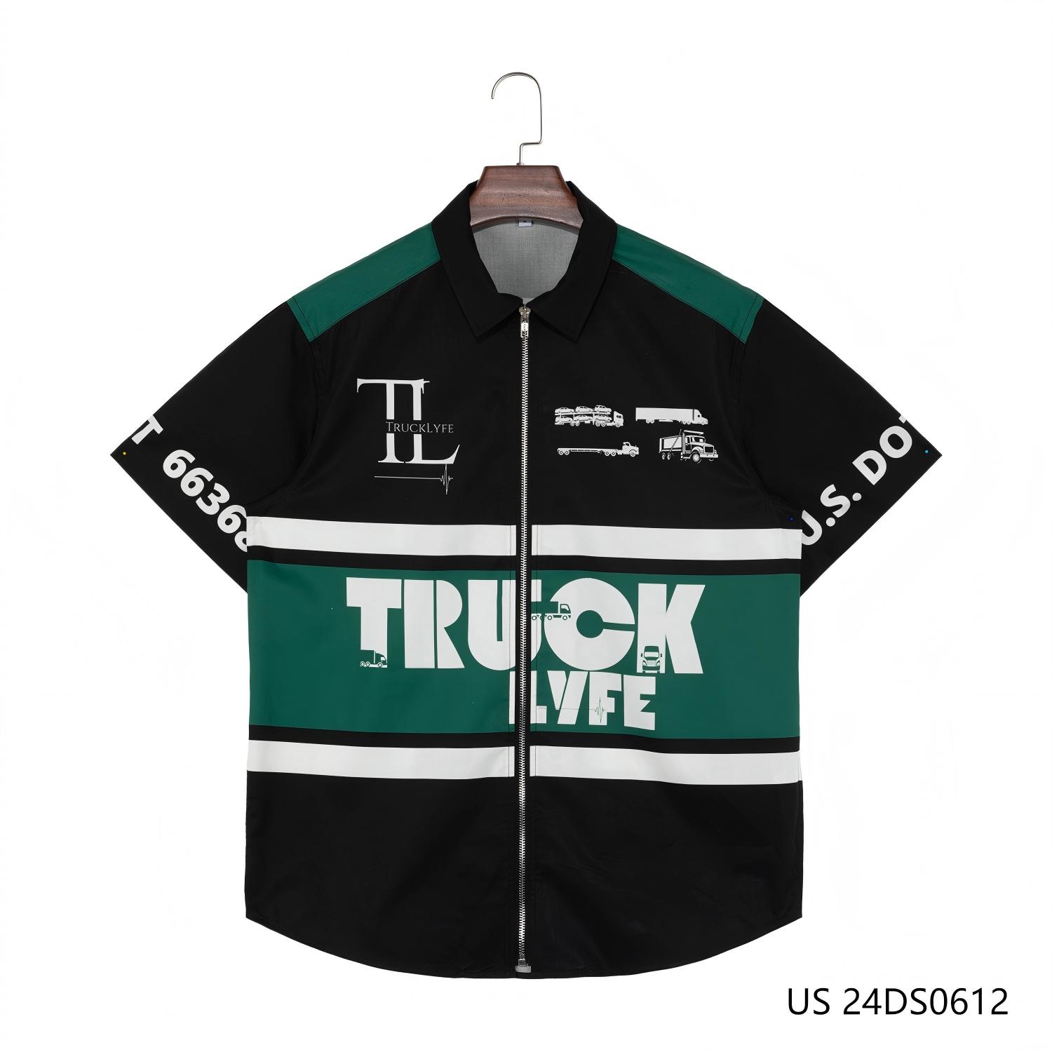 Men's 100% Cotton Black And Green Stripes Against The Black Background Short Sleeve Zip-up Shirts