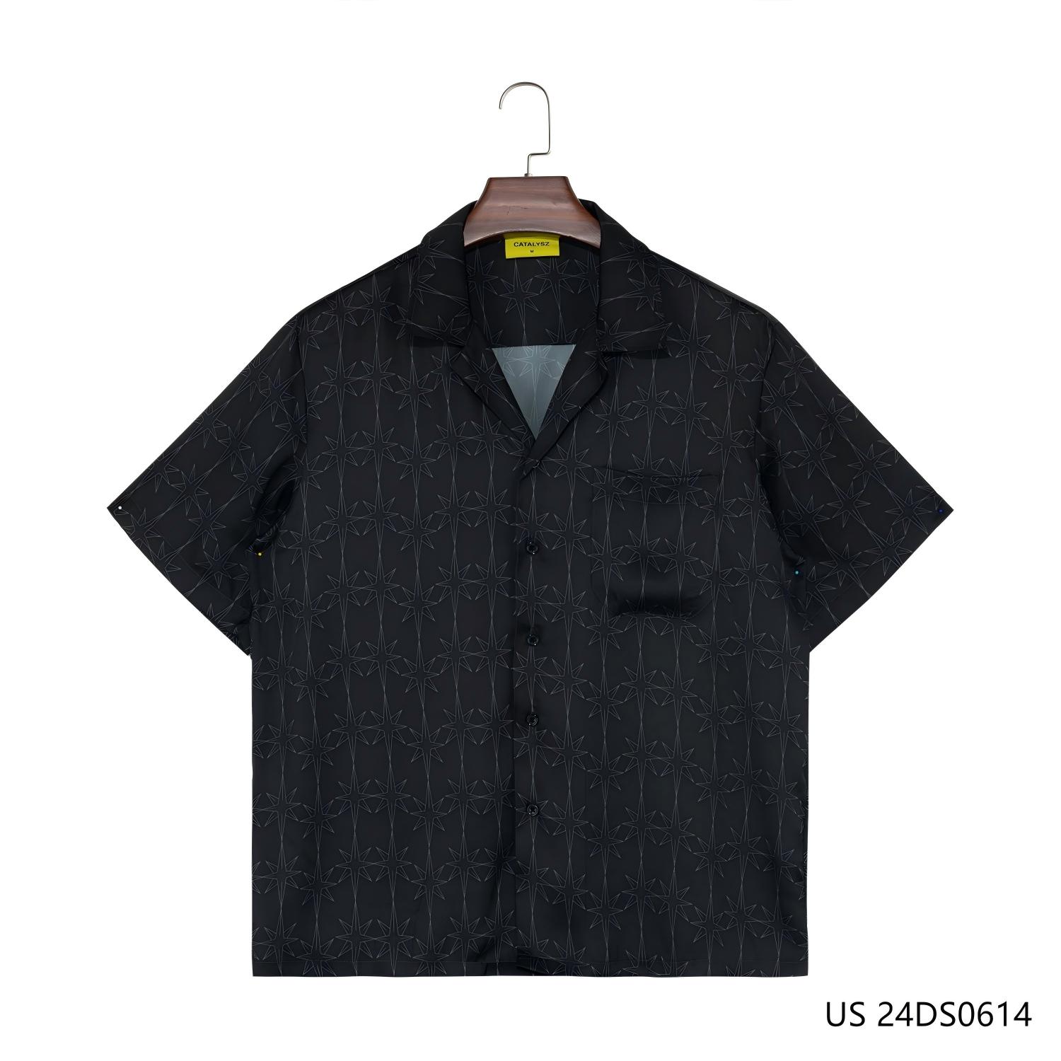 Men's 100% Polyester Printed Cuban Collar Black Short Sleeve Button Down Shirts 
