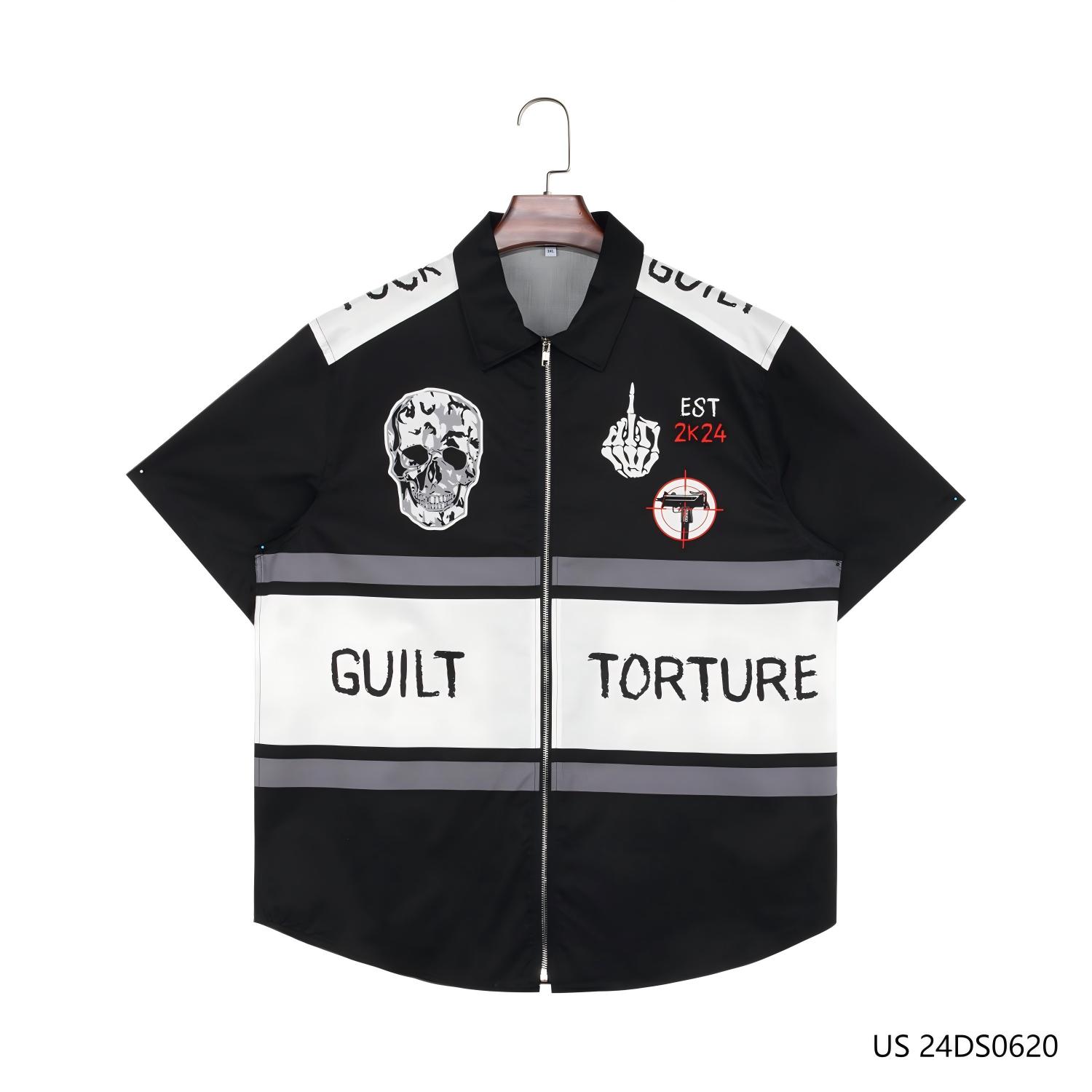 Men's 100% Cotton Black And White Stripes  Short Sleeve Zip-up Shirts