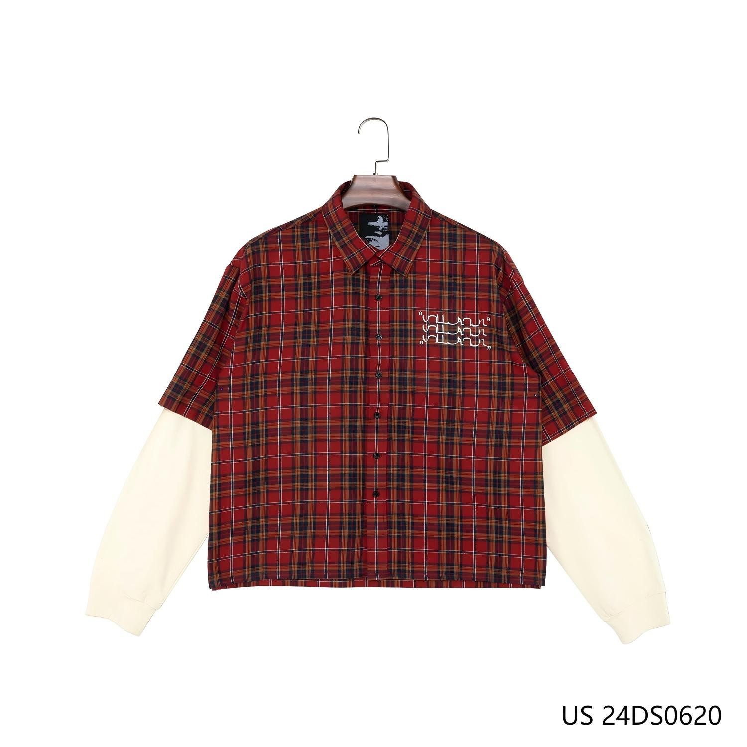 Men's 100% Cotton Red Plaid Patchwork Button Down Long Sleeve Shirts