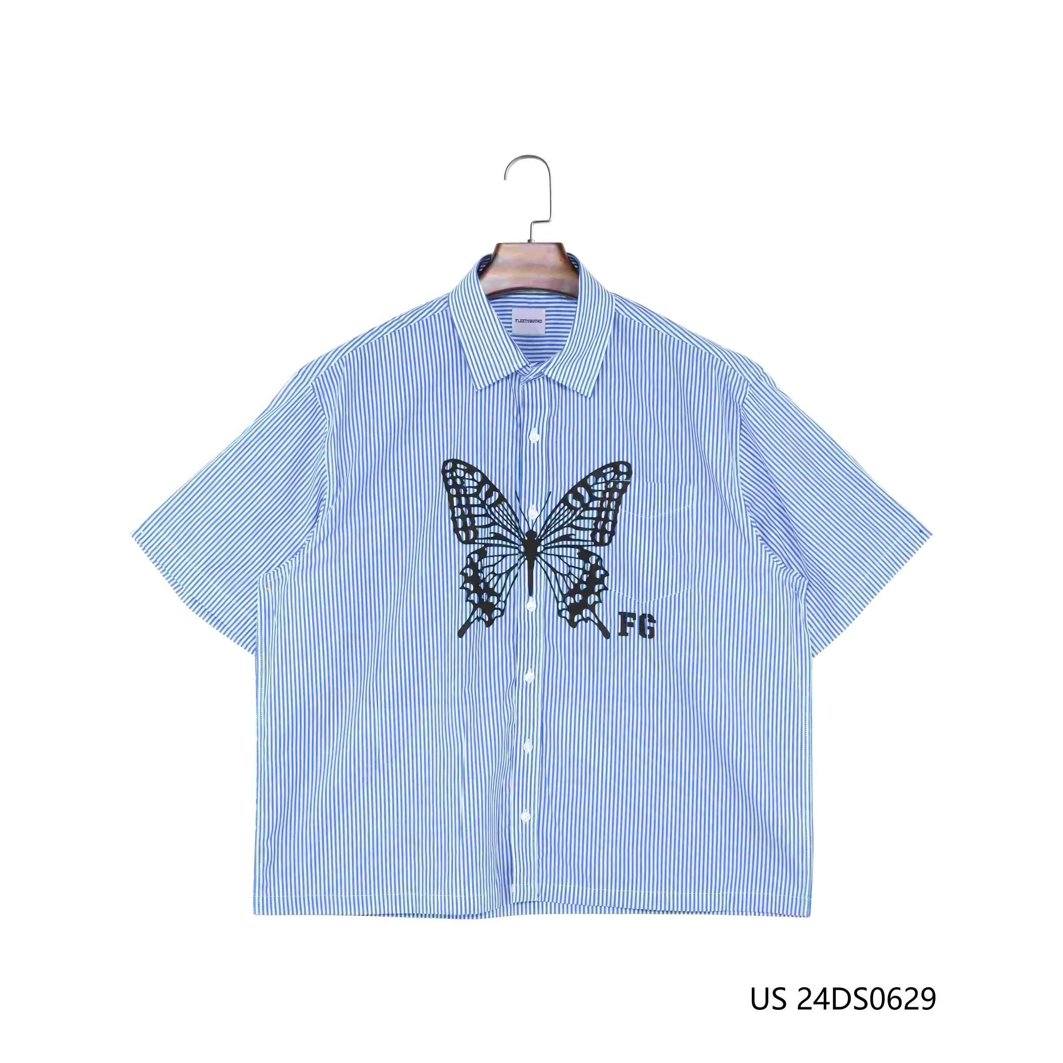 Men's 100% Cotton Printing Blue And White Stripes Short Sleeve Button Down Shirts