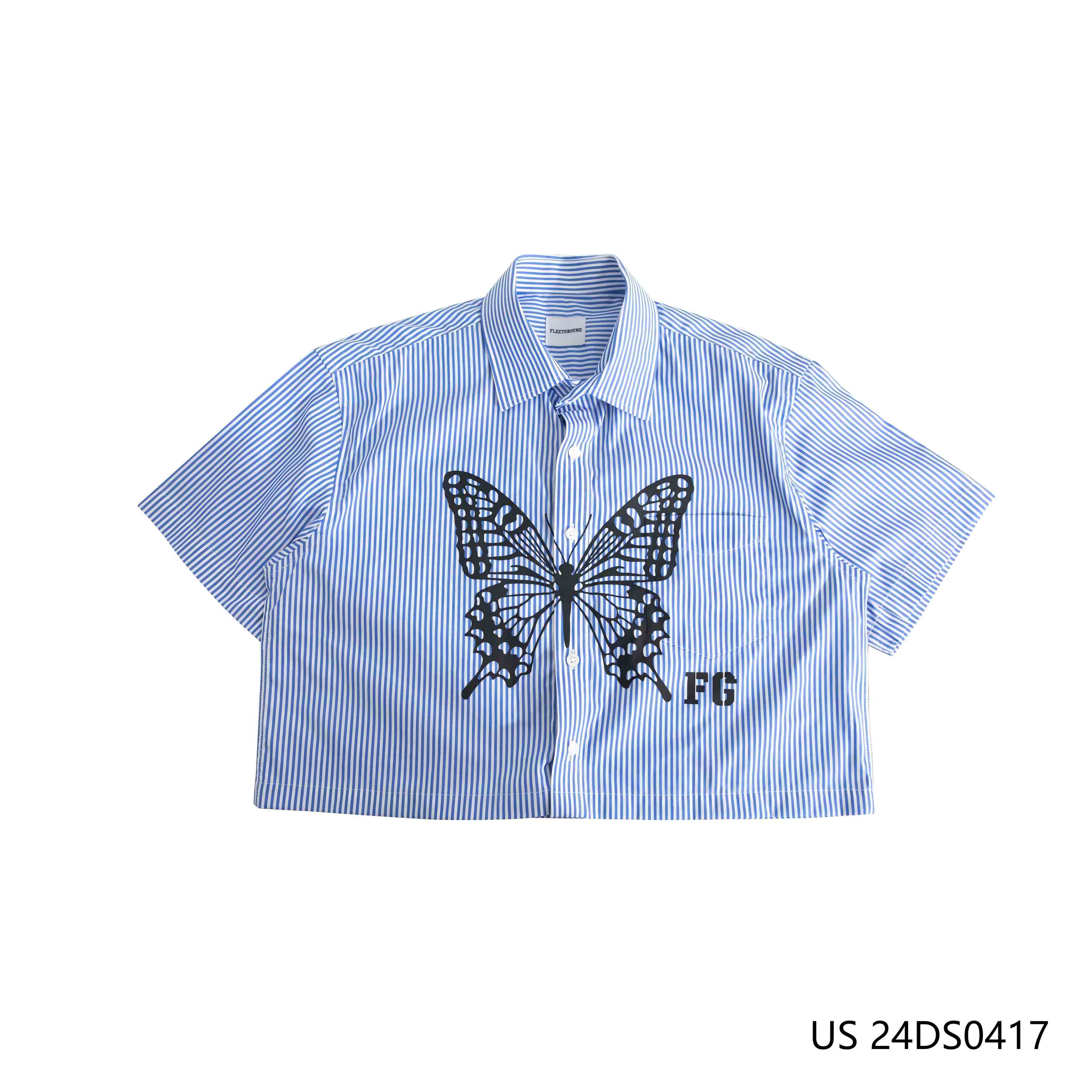 Women's 100% Cotton Printing Blue And White Stripes Oversize Short Sleeve Button Down Shirts