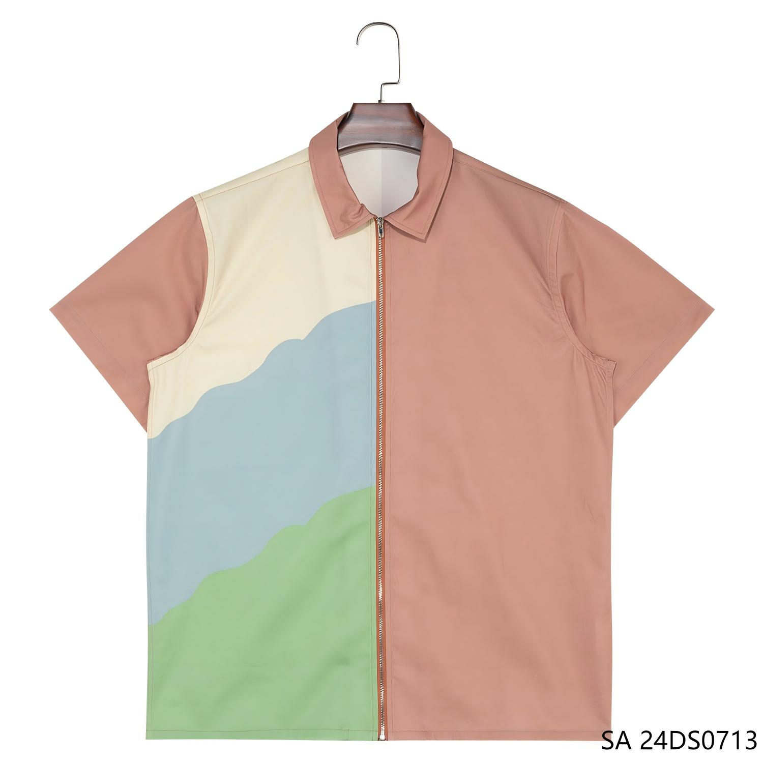Men's 100% Cotton White Blue Green And Red Contrast Short Sleeve Zip-up Shirts