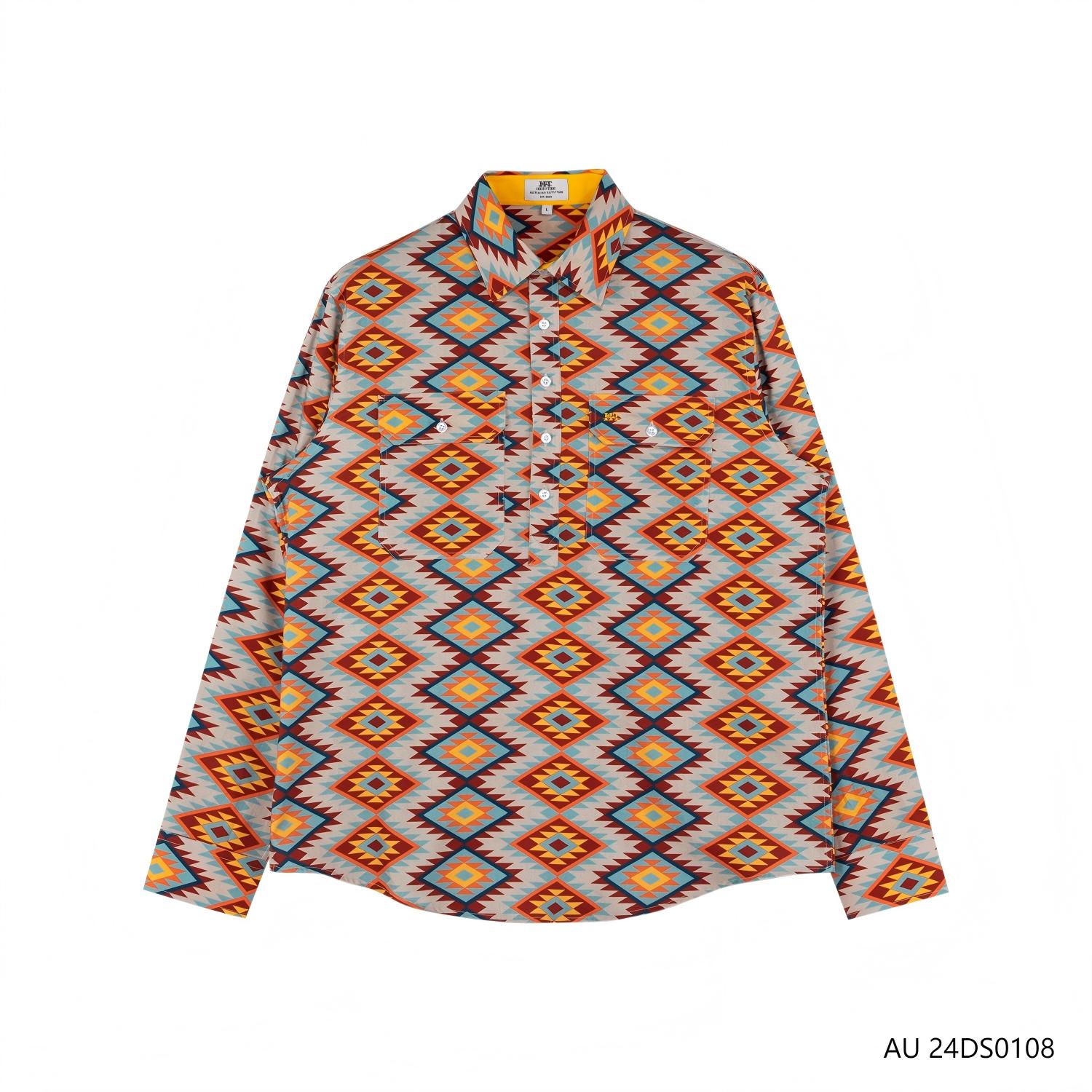 Men's 100% Cotton Mutiple Geometric Figures Half-cut Placket Long Sleeve Pullover Shirts