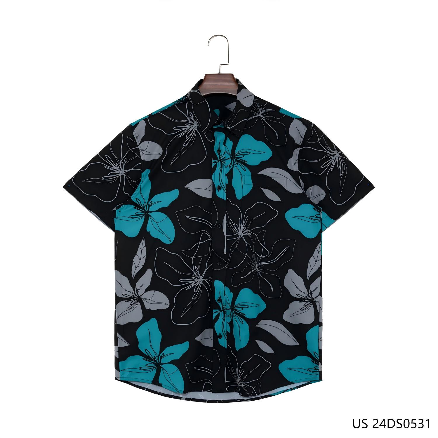 Men's  Black White And Blue  Contrast Color  Short Sleeve Button Down Shirts