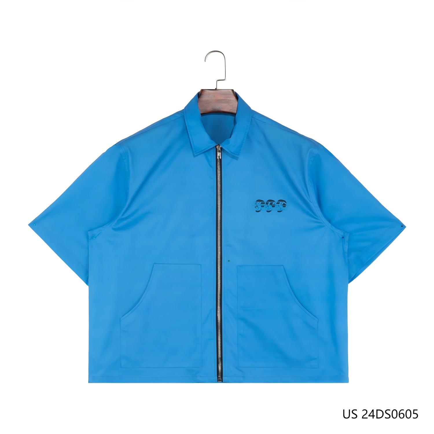 Men's 100% Cotton Printing Plain Blue  Short Sleeve Zip-up Shirts