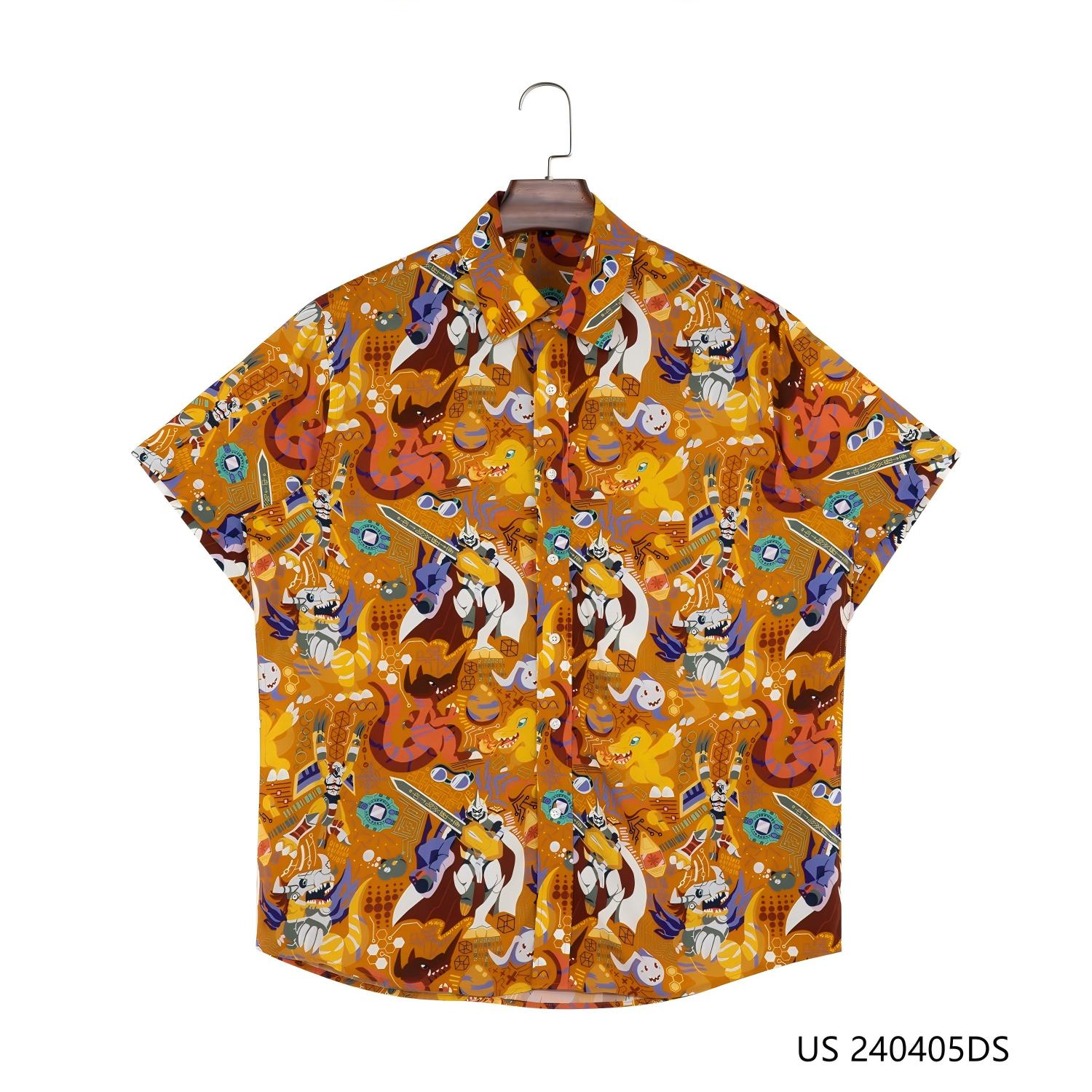 Men's 100% Rayon  Multiple Elements Against The Orange Background Short Sleeve Button Down Shirts