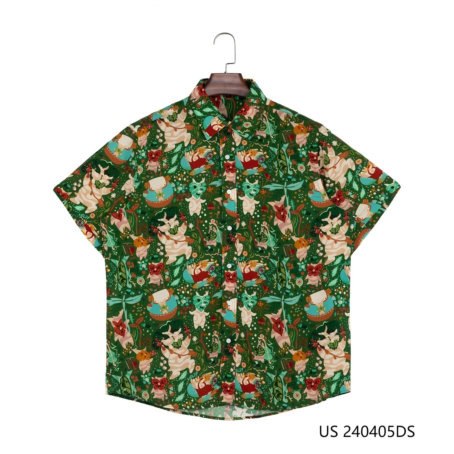 Men's 100% Rayon Multiple Elements Against The Green Background Short Sleeve Button Down Shirts