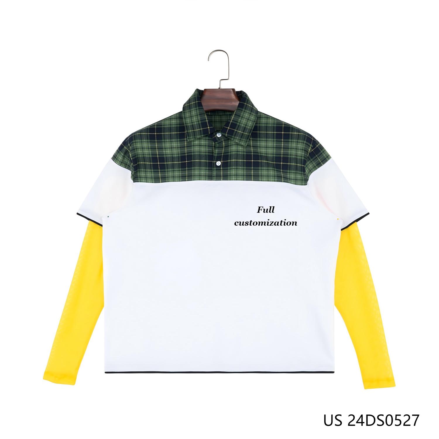 Men's 100% Cotton Plaid And Plain Stitching Half-cut Placket Pullover Long Sleeve Polo Shirts
