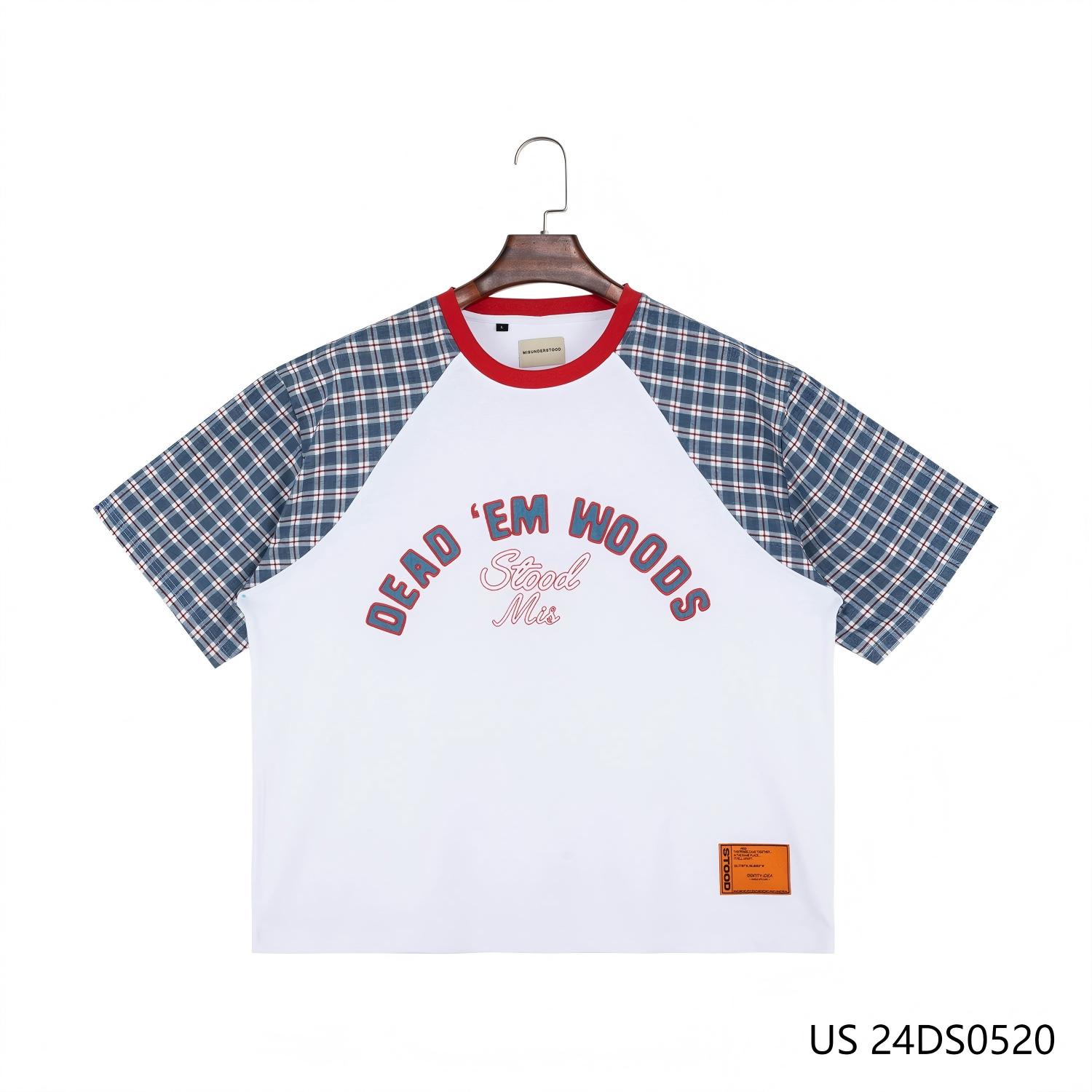 Men's 100% Cotton Embroidered Plaid And Plain Contrast Red Round Collar Shirts