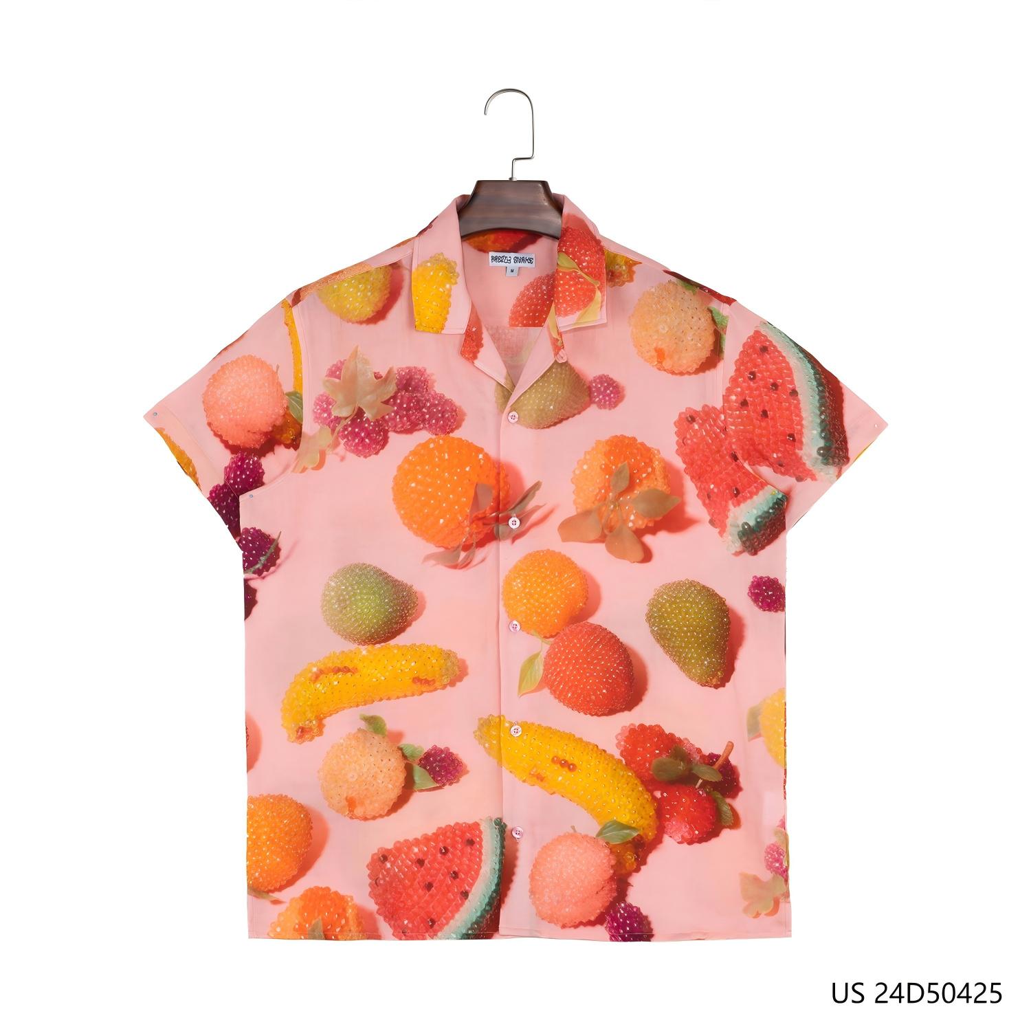 Men's 100% Tencel Short Sleeve Button Down Shirts With A Printing Of Multiple Fruits Elements