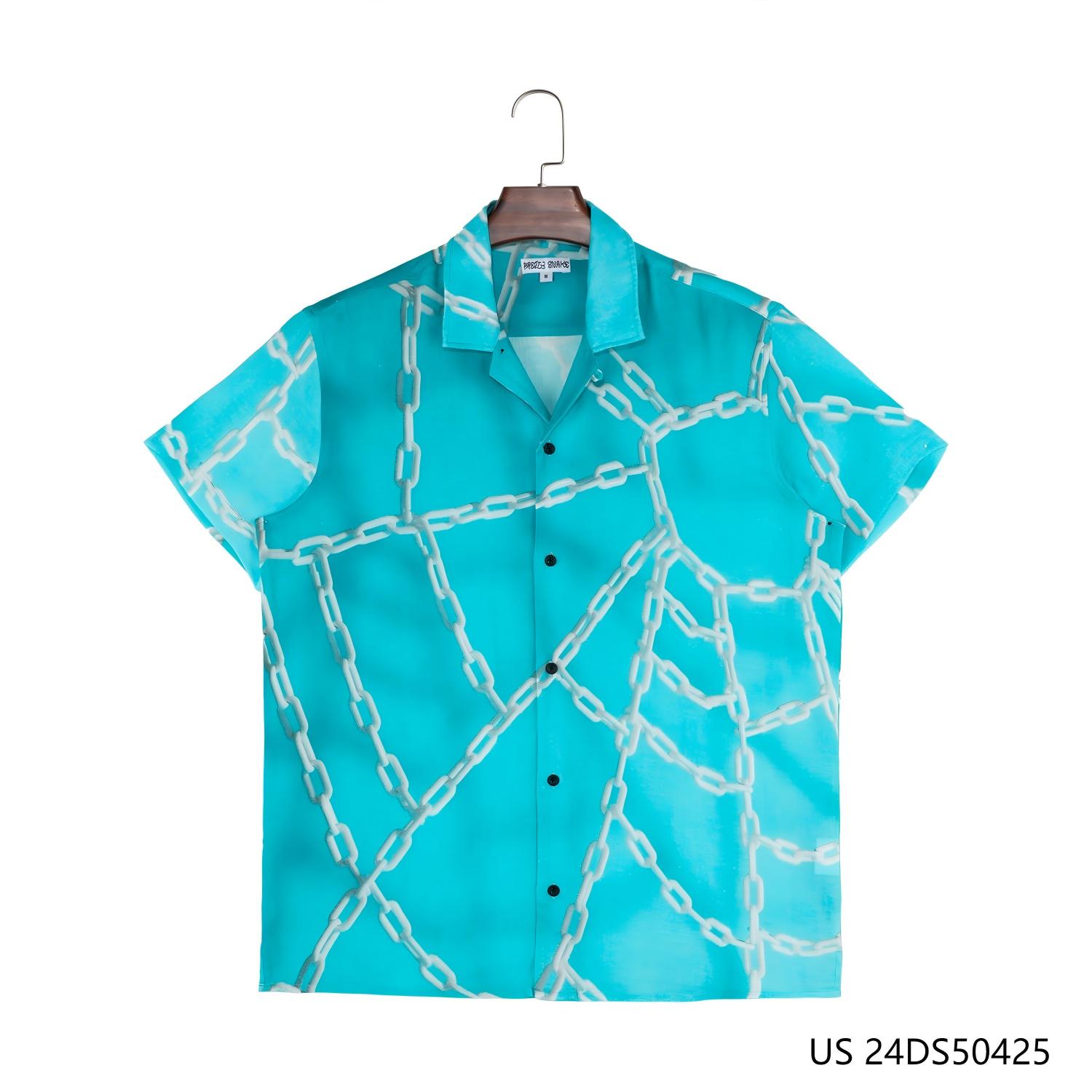 Men's 100% Cotton Blue Short Sleeve Button Down Shirts With the Pattern Of  Chain